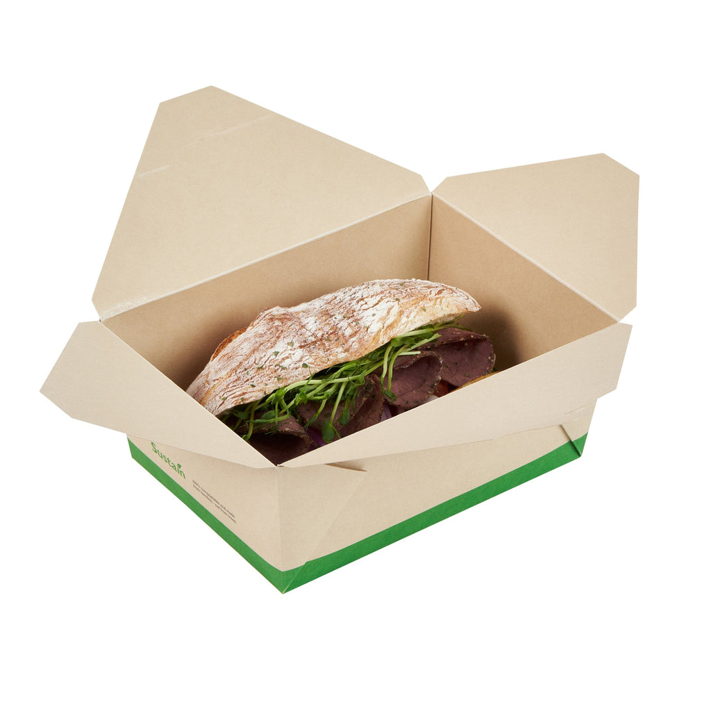 Sustain 98 oz Rectangle Bamboo Paper #4 Bio Box Take Out Container - with PLA Lining, Compostable - 8 1/2" x 6 1/4" x 3 1/2" - 50 count box