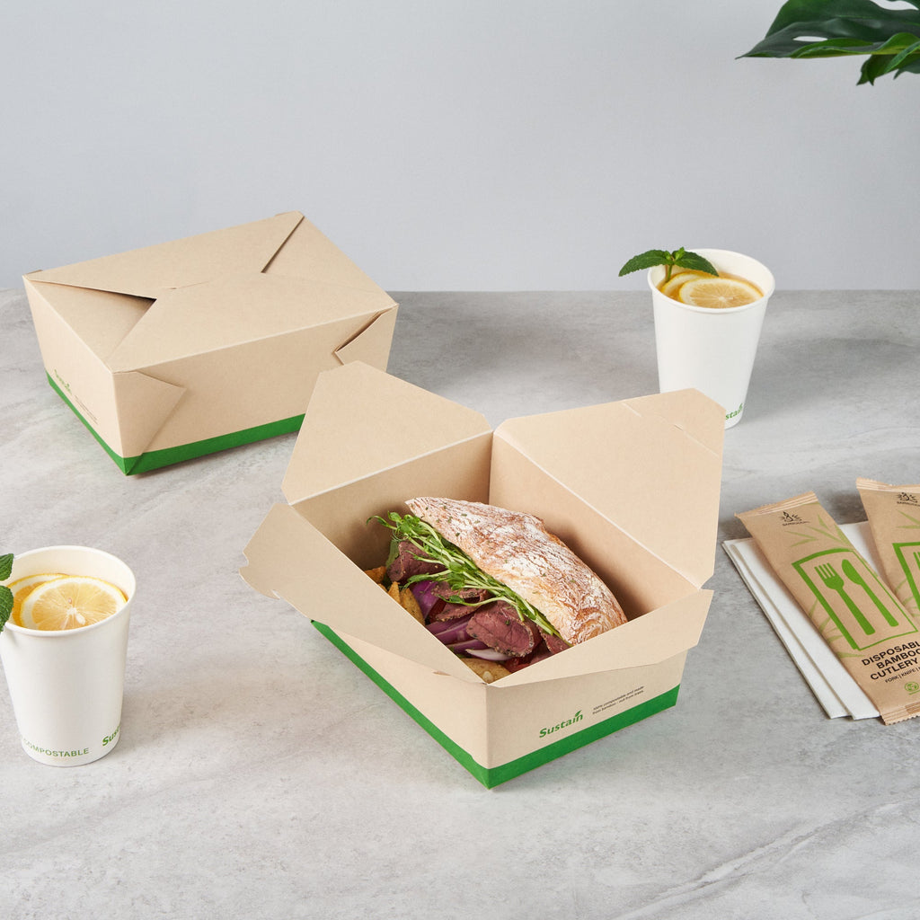 Sustain 98 oz Rectangle Bamboo Paper #4 Bio Box Take Out Container - with PLA Lining, Compostable - 8 1/2" x 6 1/4" x 3 1/2" - 50 count box