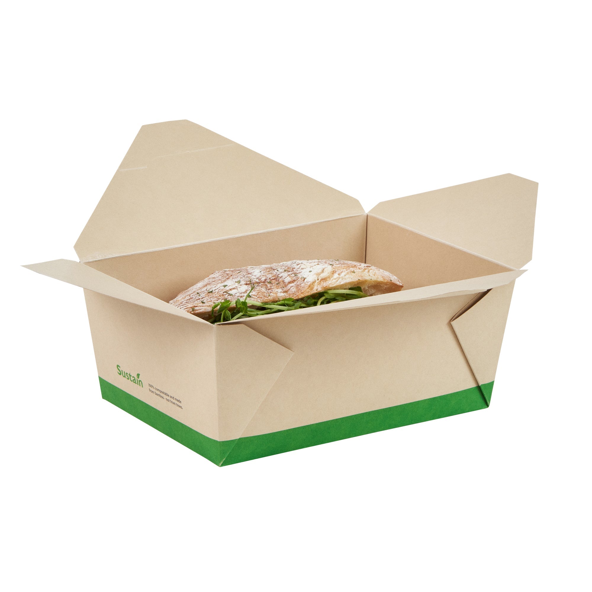 Sustain 98 oz Rectangle Bamboo Paper #4 Bio Box Take Out Container - with PLA Lining, Compostable - 8 1/2" x 6 1/4" x 3 1/2" - 50 count box