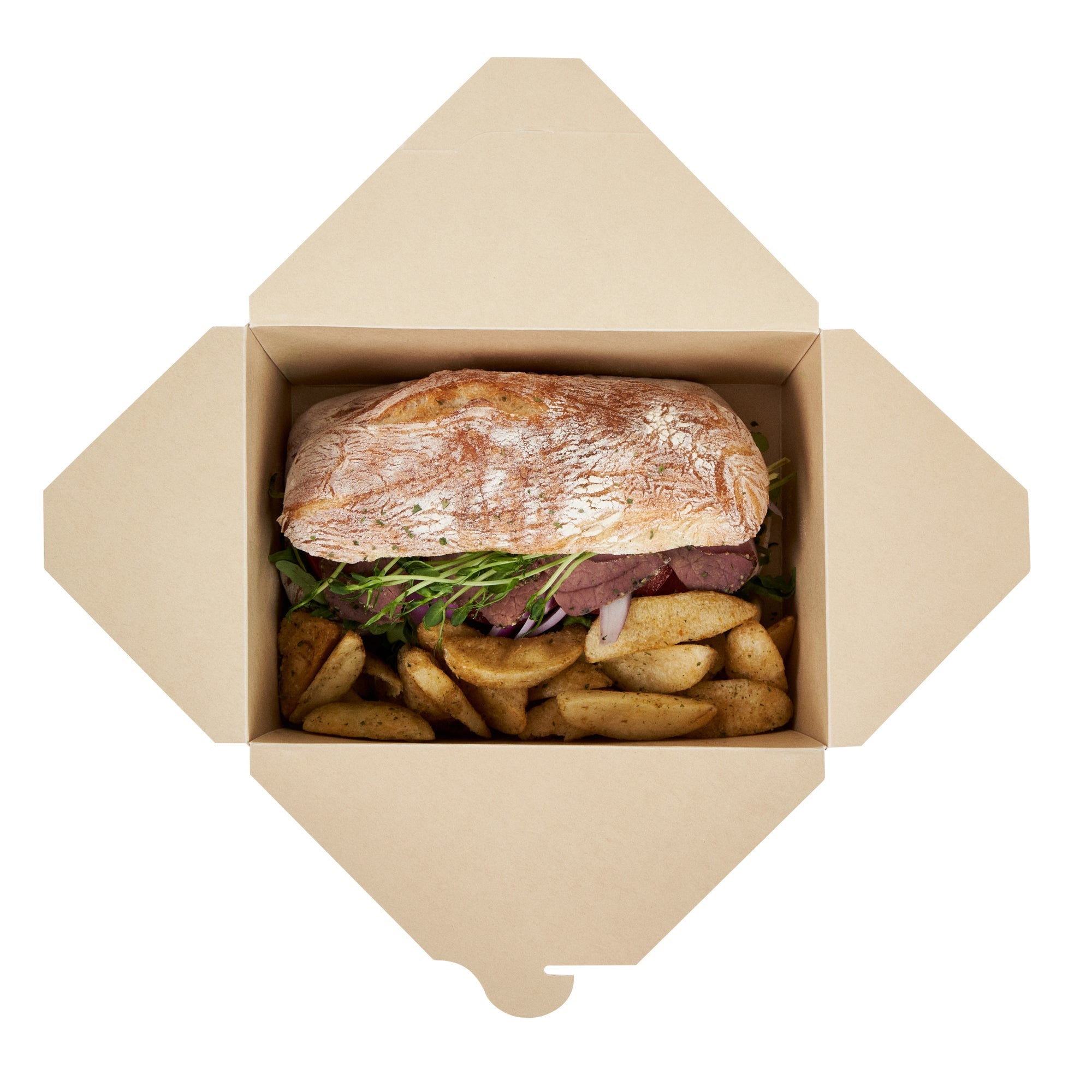Sustain 98 oz Rectangle Bamboo Paper #4 Bio Box Take Out Container - with PLA Lining, Compostable - 8 1/2" x 6 1/4" x 3 1/2" - 50 count box