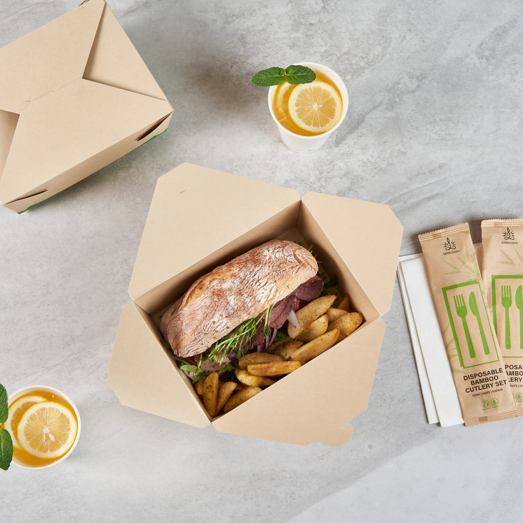Sustain 98 oz Rectangle Bamboo Paper #4 Bio Box Take Out Container - with PLA Lining, Compostable - 8 1/2" x 6 1/4" x 3 1/2" - 50 count box