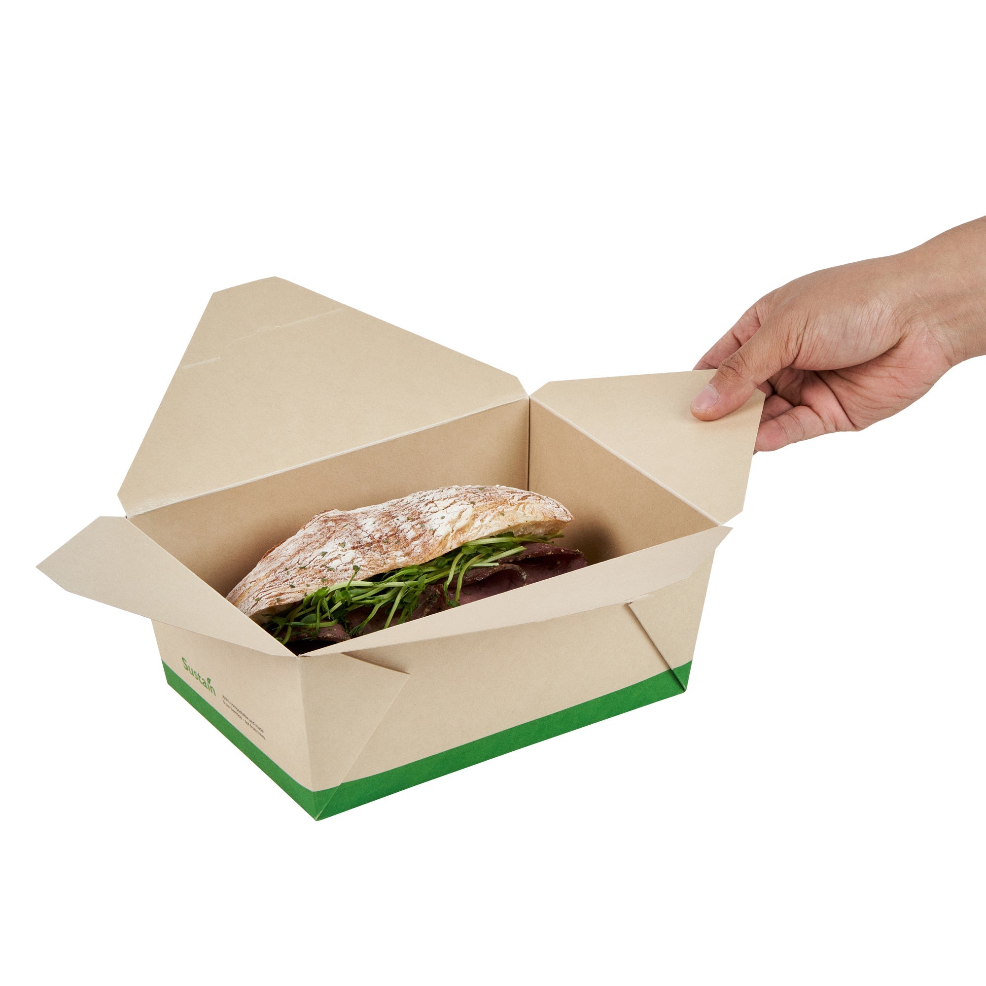 Sustain 98 oz Rectangle Bamboo Paper #4 Bio Box Take Out Container - with PLA Lining, Compostable - 8 1/2" x 6 1/4" x 3 1/2" - 200 count box