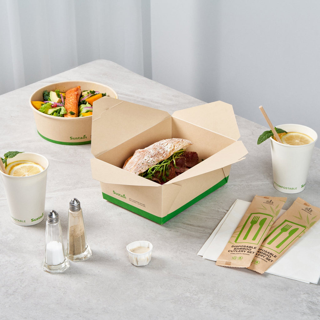Sustain 98 oz Rectangle Bamboo Paper #4 Bio Box Take Out Container - with PLA Lining, Compostable - 8 1/2" x 6 1/4" x 3 1/2" - 200 count box