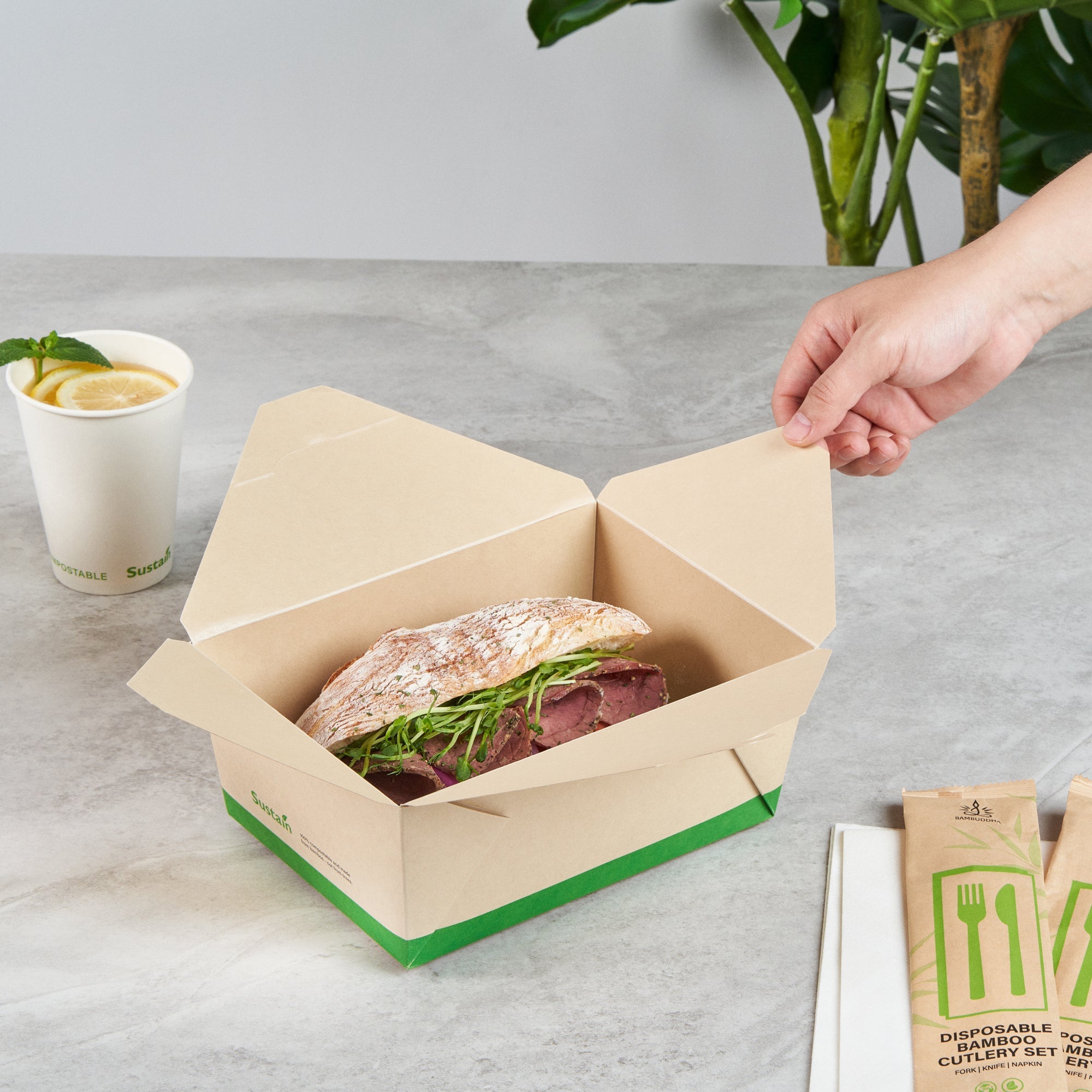 Sustain 98 oz Rectangle Bamboo Paper #4 Bio Box Take Out Container - with PLA Lining, Compostable - 8 1/2" x 6 1/4" x 3 1/2" - 200 count box