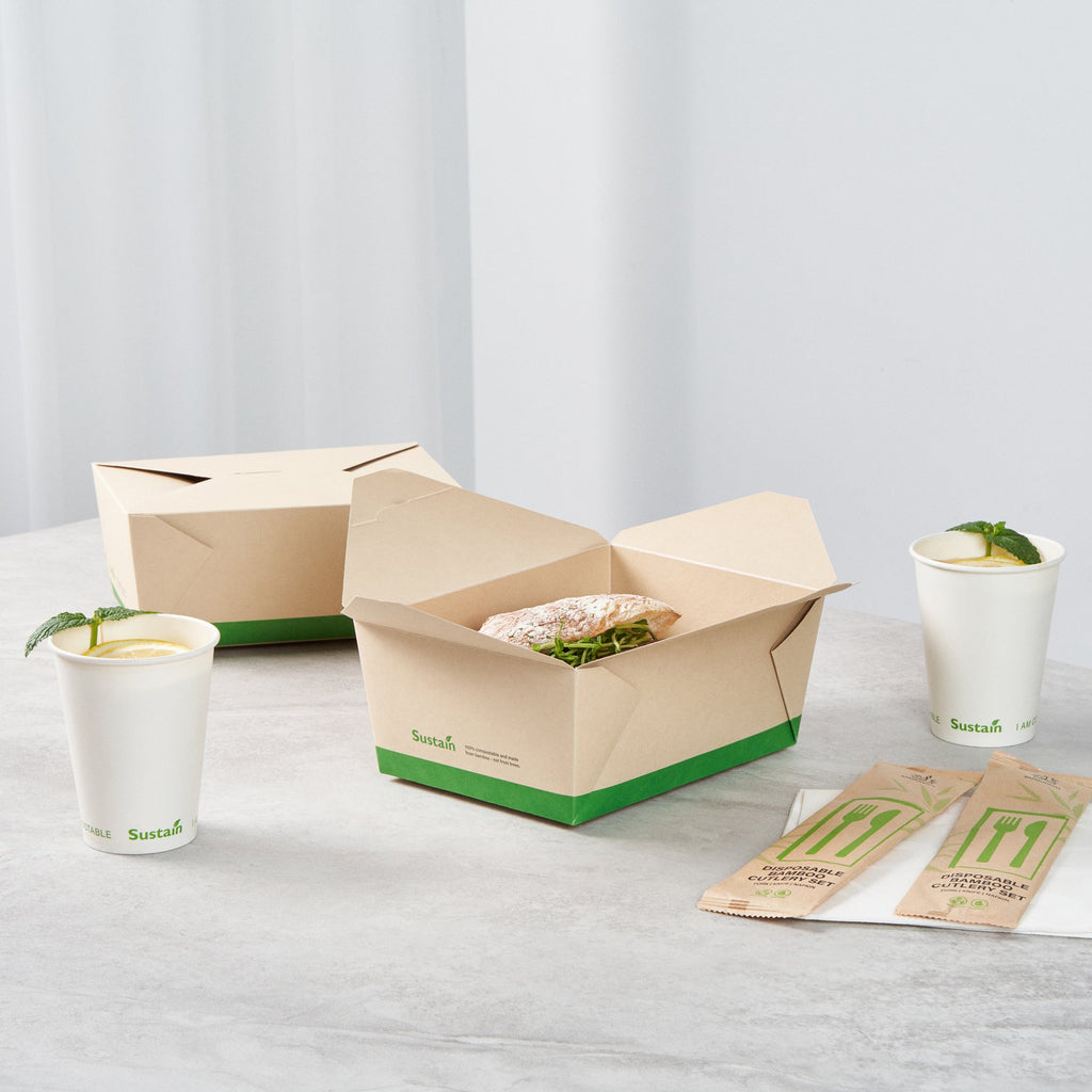 Sustain 98 oz Rectangle Bamboo Paper #4 Bio Box Take Out Container - with PLA Lining, Compostable - 8 1/2" x 6 1/4" x 3 1/2" - 200 count box
