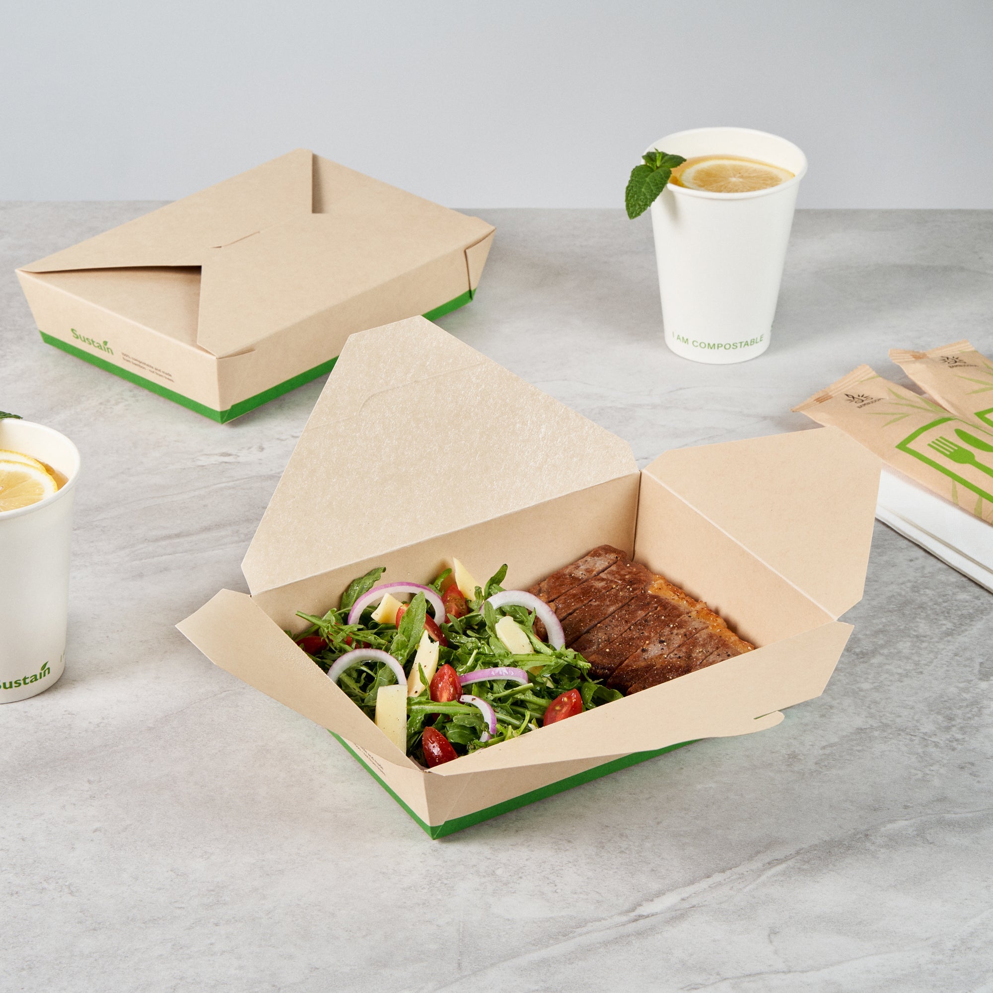 Sustain 49 oz Rectangle Bamboo Paper #2 Bio Box Take Out Container - with PLA Lining, Compostable - 8 1/2" x 6 1/4" x 2" - 200 count box