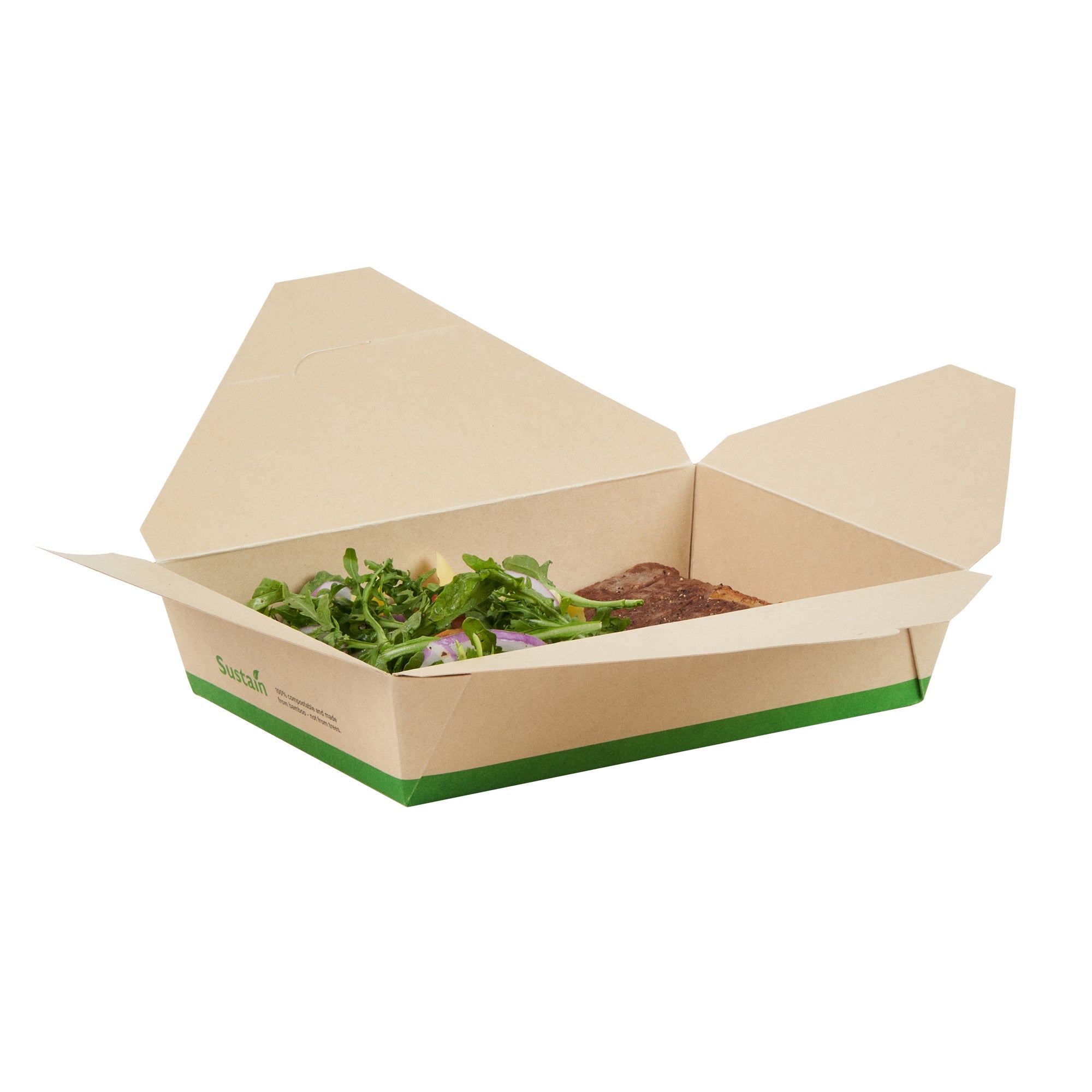 Sustain 49 oz Rectangle Bamboo Paper #2 Bio Box Take Out Container - with PLA Lining, Compostable - 8 1/2" x 6 1/4" x 2" - 50 count box