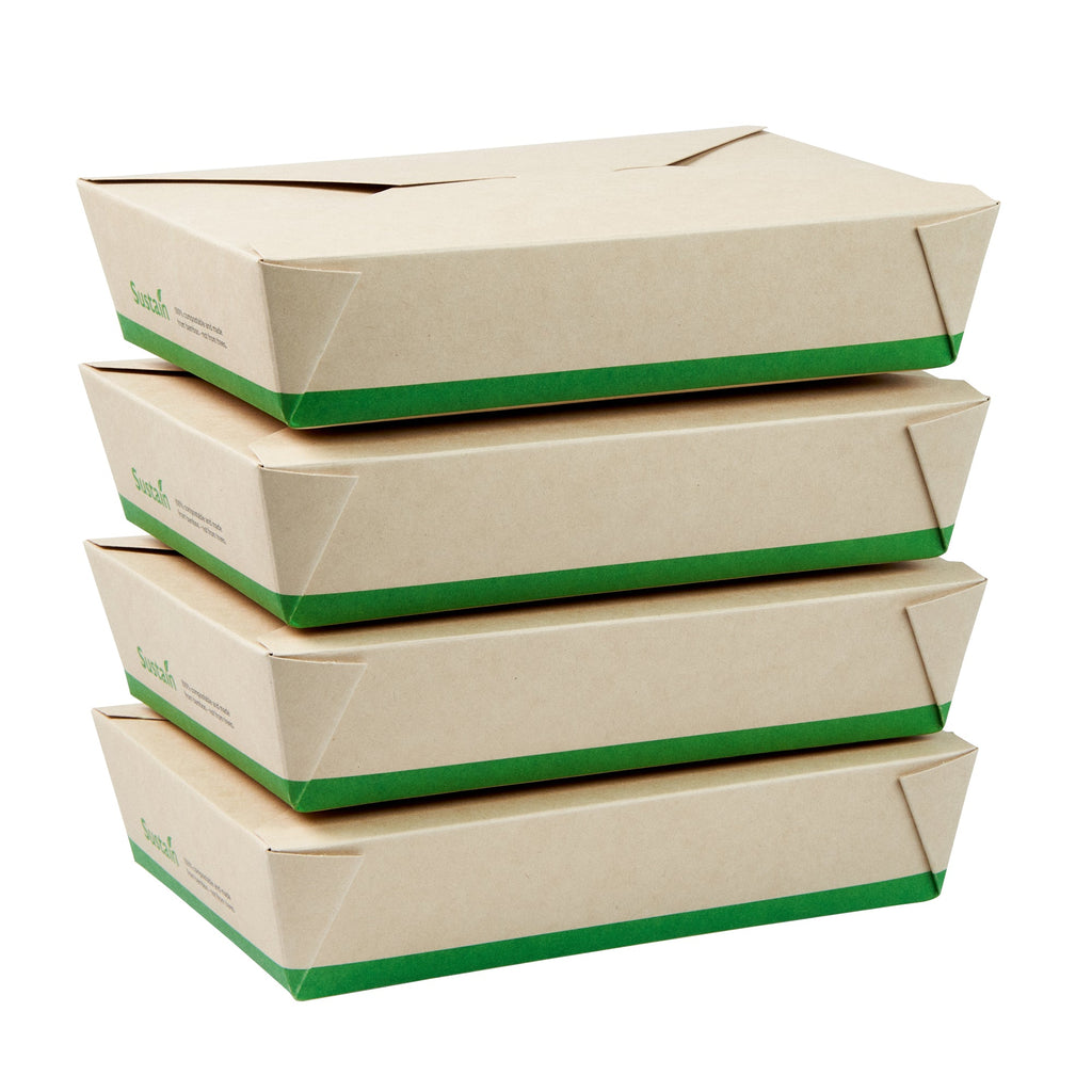 Sustain 49 oz Rectangle Bamboo Paper #2 Bio Box Take Out Container - with PLA Lining, Compostable - 8 1/2" x 6 1/4" x 2" - 50 count box