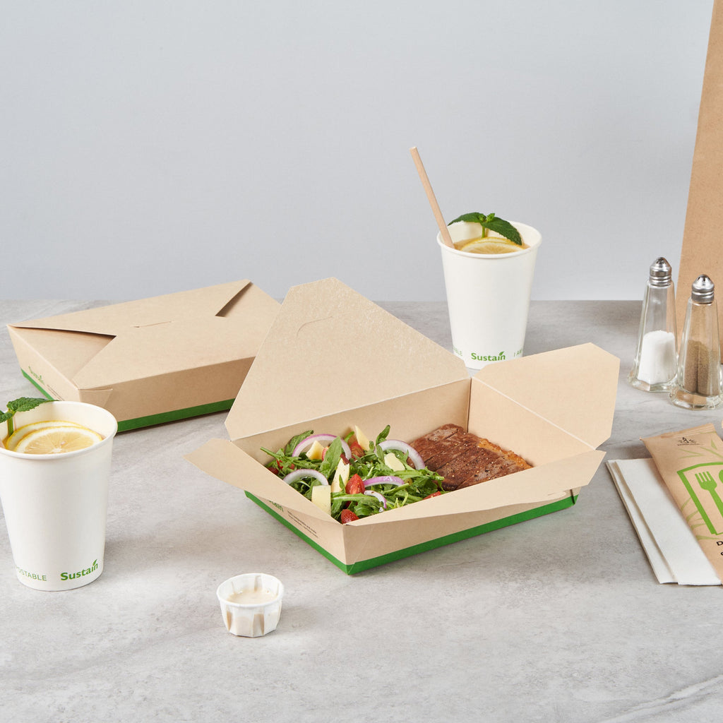 Sustain 49 oz Rectangle Bamboo Paper #2 Bio Box Take Out Container - with PLA Lining, Compostable - 8 1/2" x 6 1/4" x 2" - 50 count box