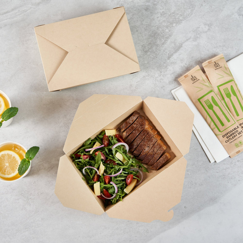 Sustain 49 oz Rectangle Bamboo Paper #2 Bio Box Take Out Container - with PLA Lining, Compostable - 8 1/2" x 6 1/4" x 2" - 50 count box