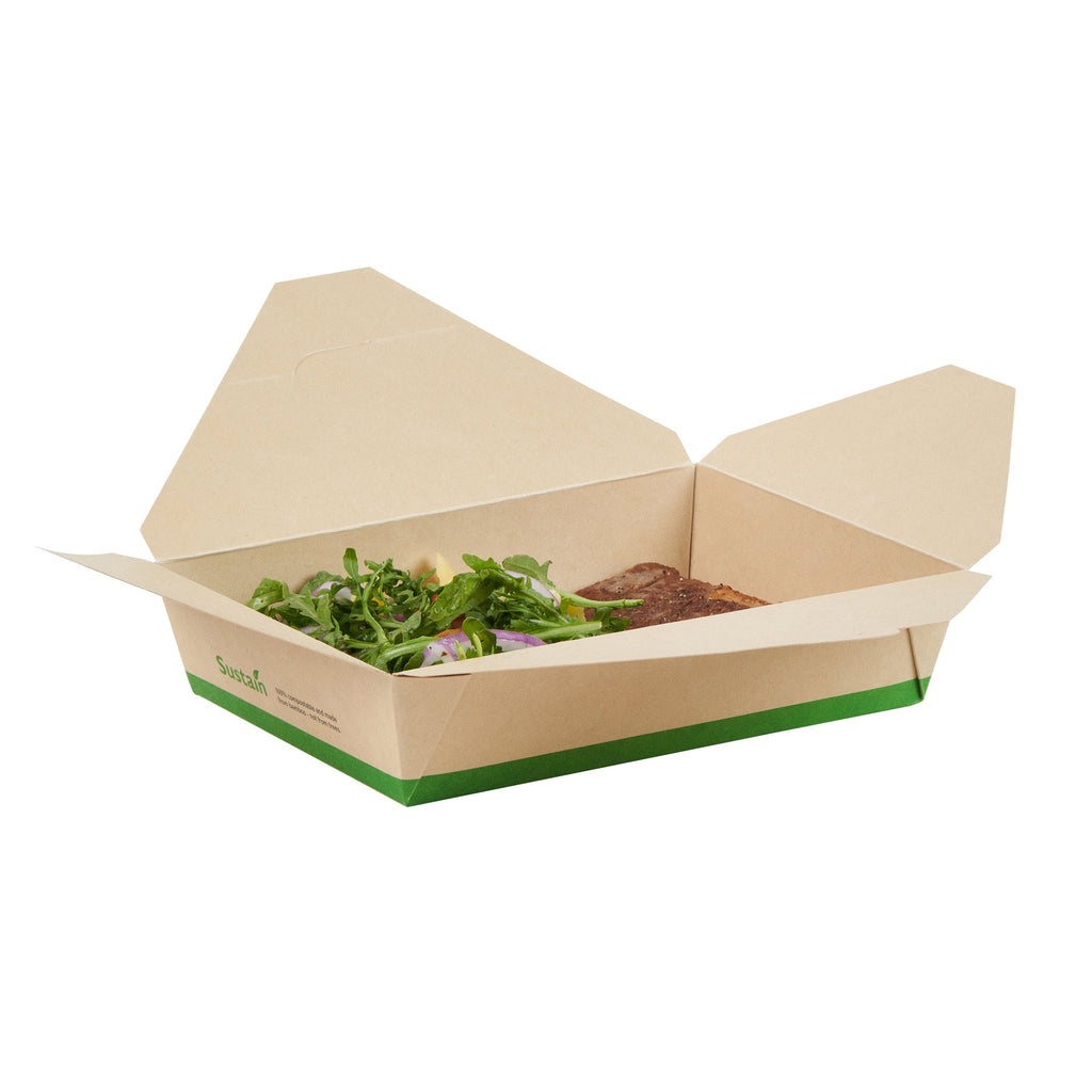 Sustain 49 oz Rectangle Bamboo Paper #2 Bio Box Take Out Container - with PLA Lining, Compostable - 8 1/2" x 6 1/4" x 2" - 200 count box