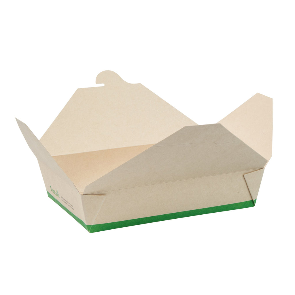Sustain 49 oz Rectangle Bamboo Paper #2 Bio Box Take Out Container - with PLA Lining, Compostable - 8 1/2" x 6 1/4" x 2" - 200 count box