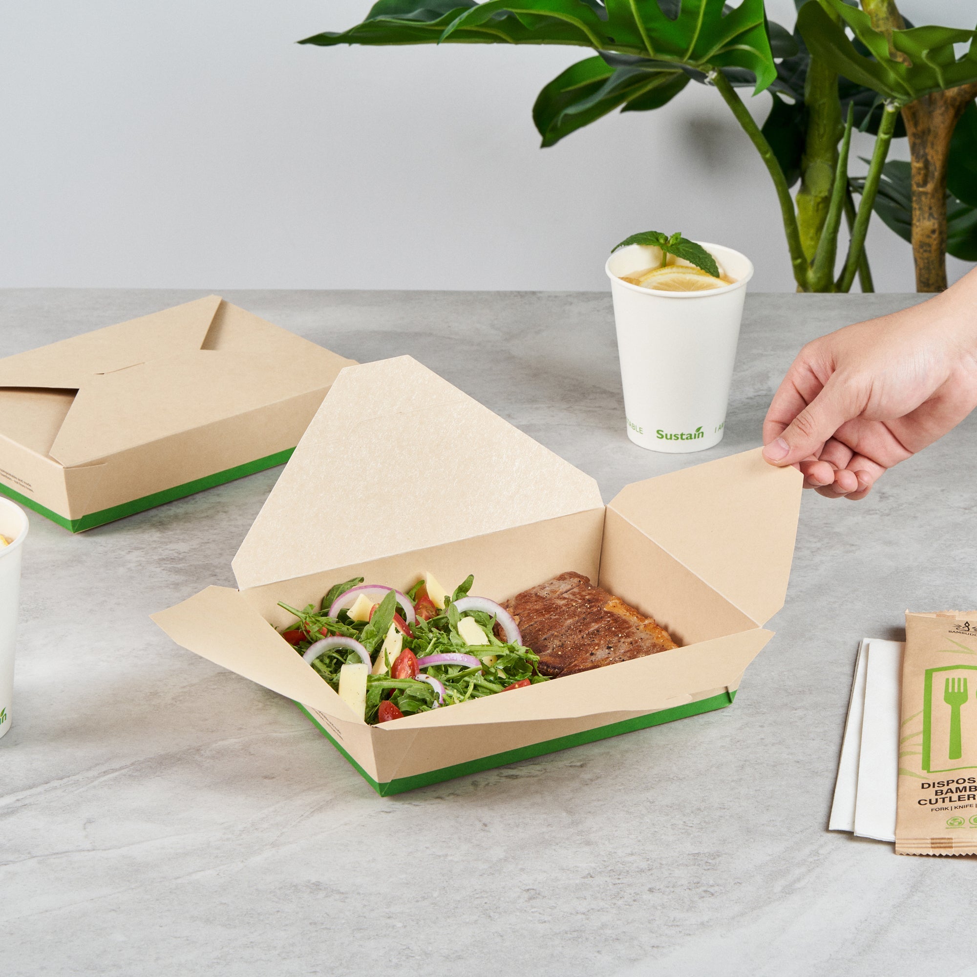 Sustain 49 oz Rectangle Bamboo Paper #2 Bio Box Take Out Container - with PLA Lining, Compostable - 8 1/2" x 6 1/4" x 2" - 200 count box
