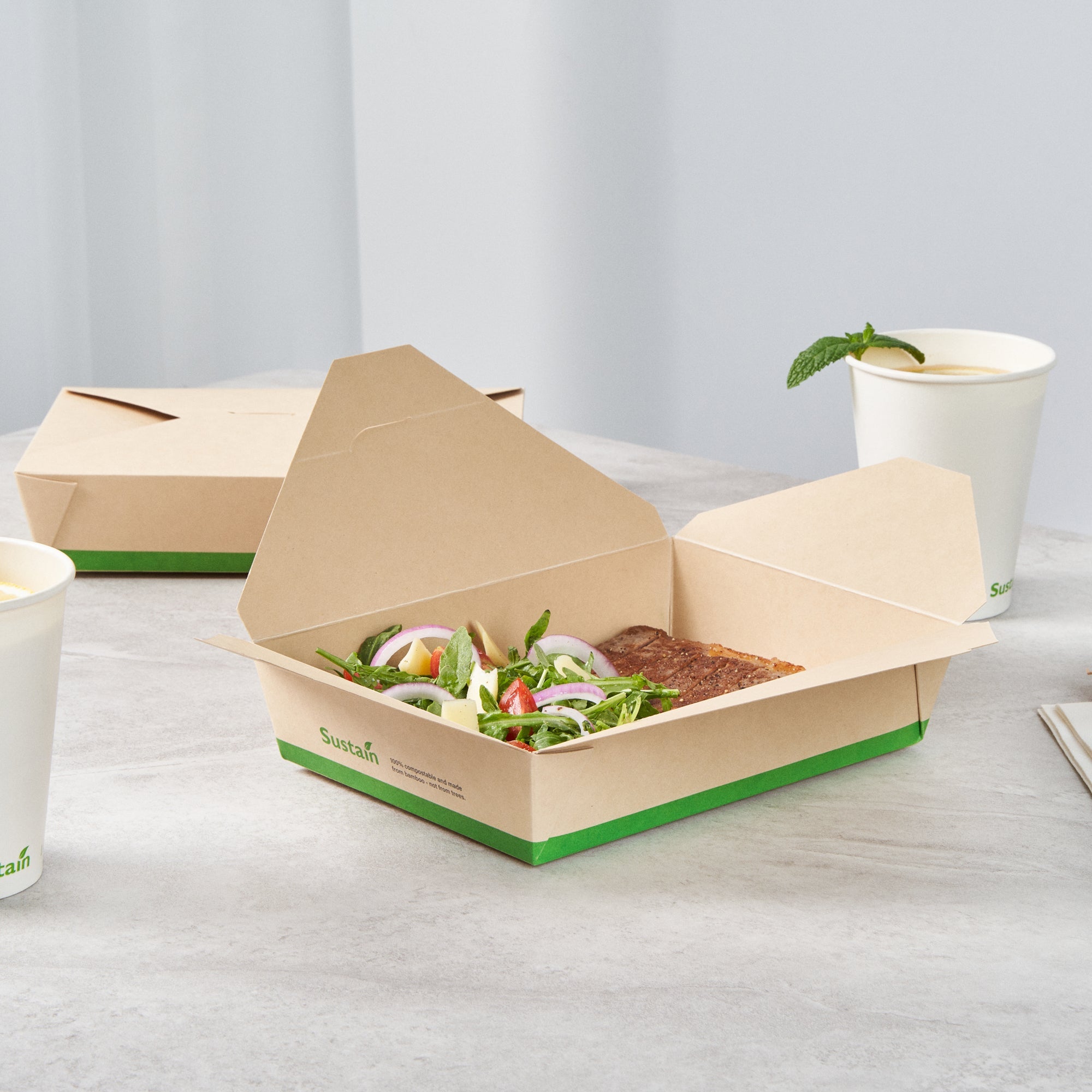 Sustain 49 oz Rectangle Bamboo Paper #2 Bio Box Take Out Container - with PLA Lining, Compostable - 8 1/2" x 6 1/4" x 2" - 200 count box