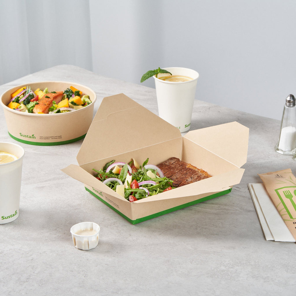 Sustain 49 oz Rectangle Bamboo Paper #2 Bio Box Take Out Container - with PLA Lining, Compostable - 8 1/2" x 6 1/4" x 2" - 200 count box