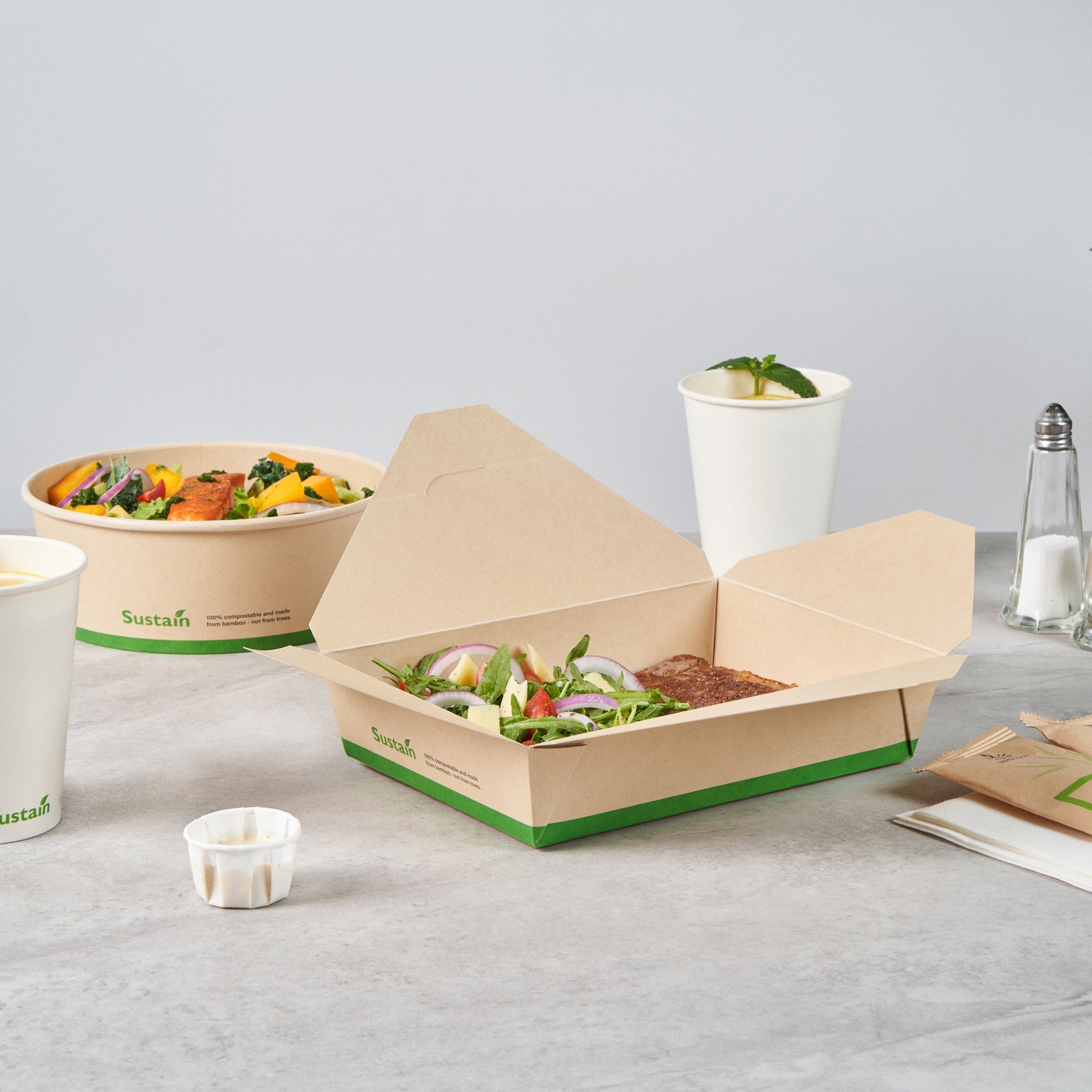 Sustain 49 oz Rectangle Bamboo Paper #2 Bio Box Take Out Container - with PLA Lining, Compostable - 8 1/2" x 6 1/4" x 2" - 200 count box