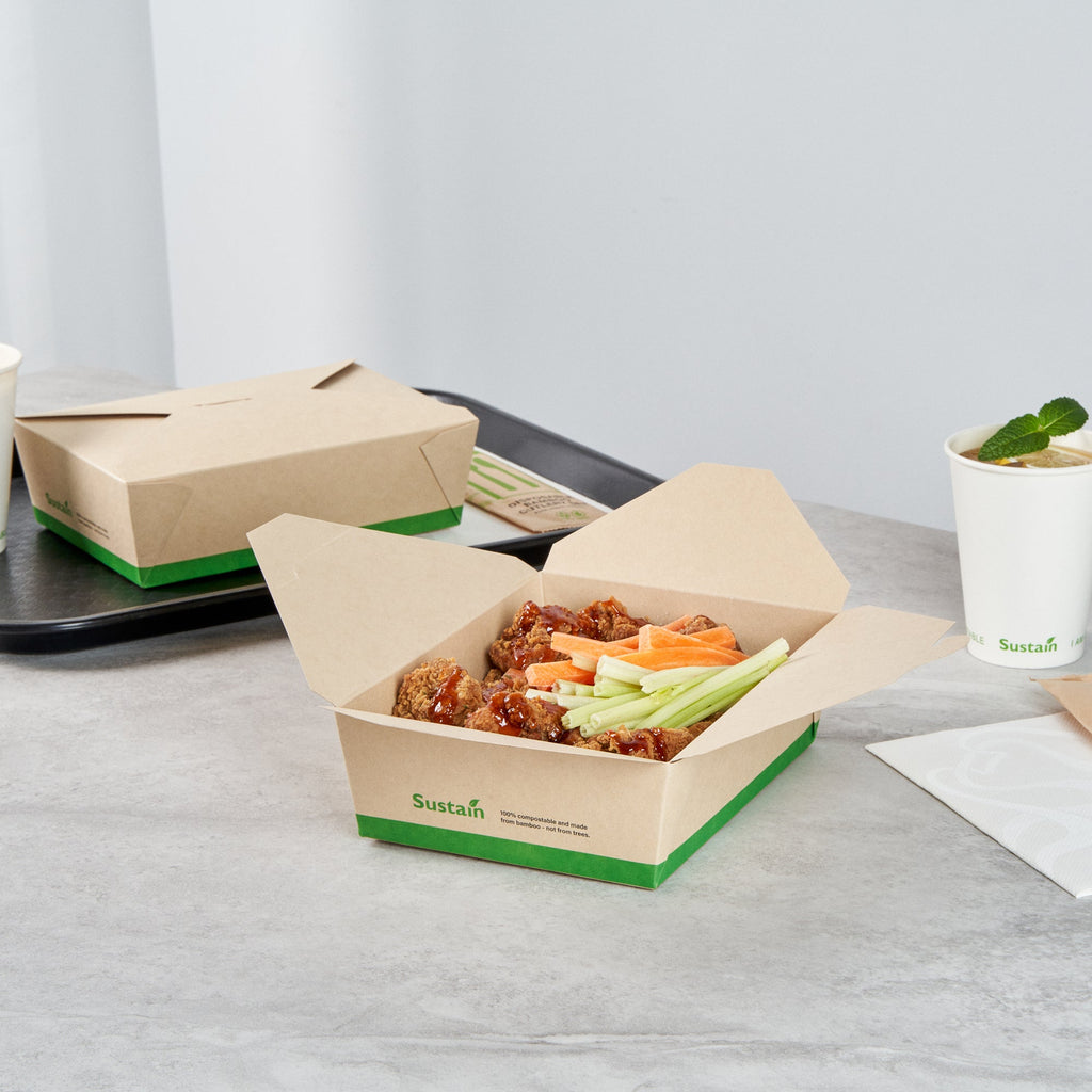 Sustain 71 oz Rectangle Bamboo Paper #3 Bio Box Take Out Container - with PLA Lining, Compostable - 8 1/2" x 6 1/4" x 2 1/2" - 200 count box