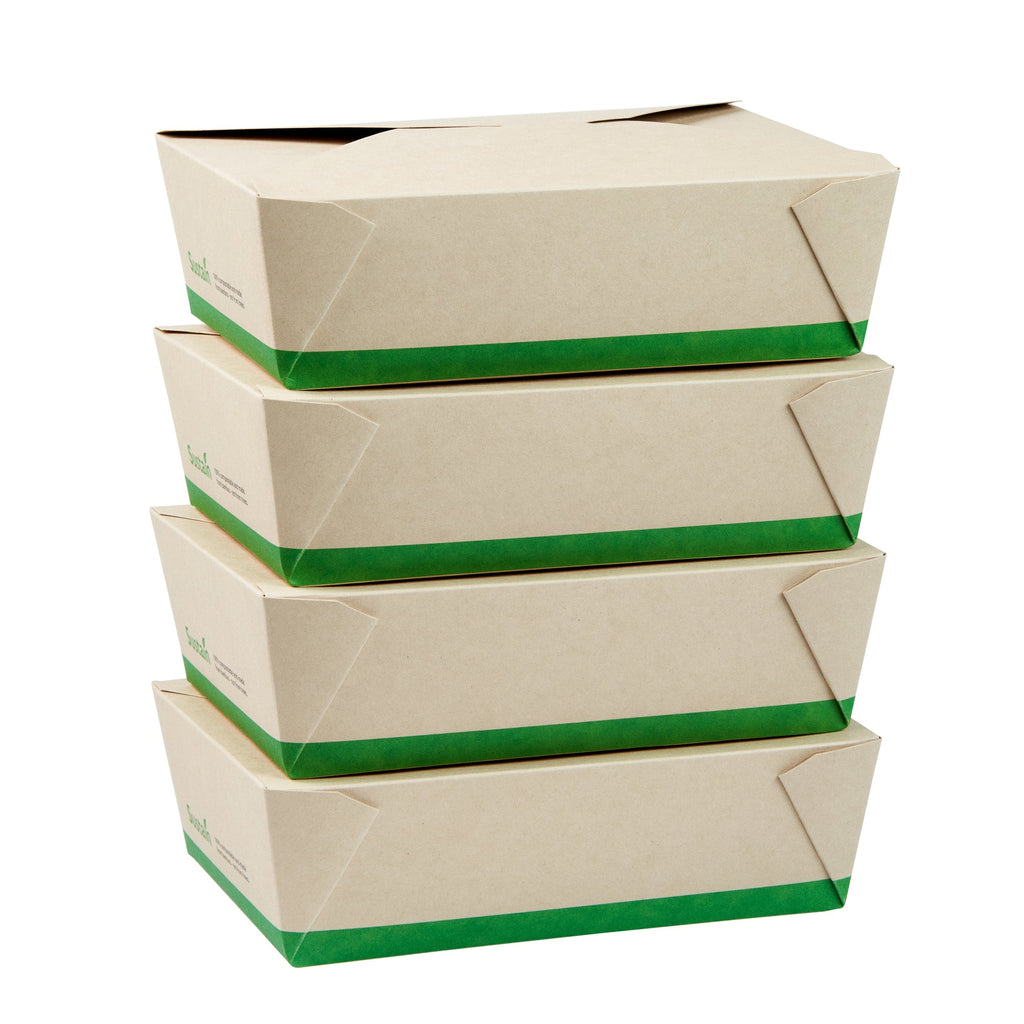 Sustain 71 oz Rectangle Bamboo Paper #3 Bio Box Take Out Container - with PLA Lining, Compostable - 8 1/2" x 6 1/4" x 2 1/2" - 50 count box