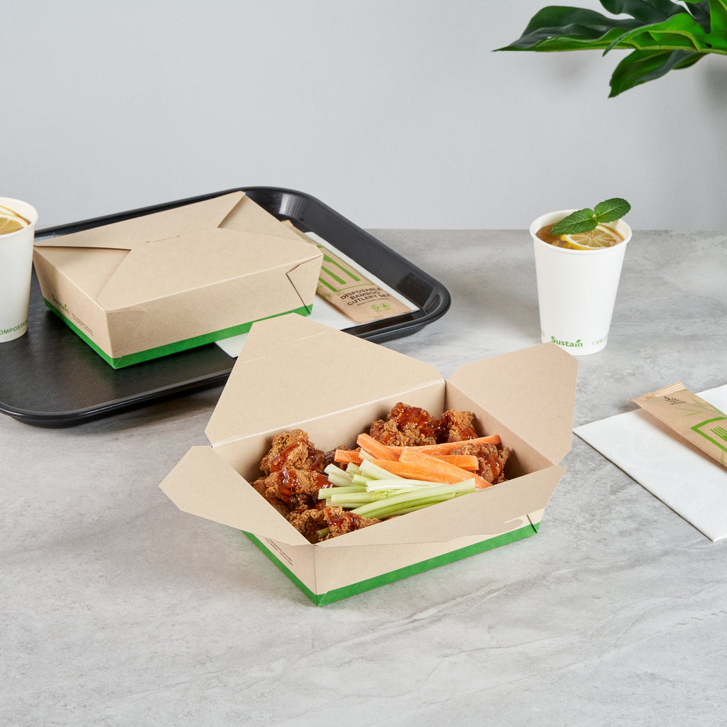 Sustain 71 oz Rectangle Bamboo Paper #3 Bio Box Take Out Container - with PLA Lining, Compostable - 8 1/2" x 6 1/4" x 2 1/2" - 50 count box