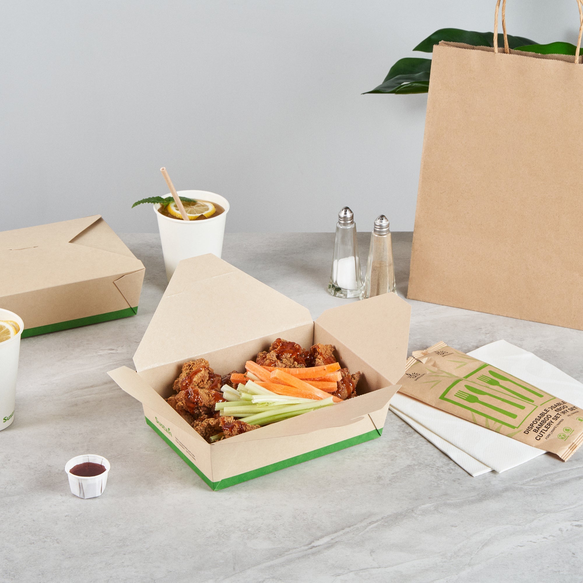Sustain 71 oz Rectangle Bamboo Paper #3 Bio Box Take Out Container - with PLA Lining, Compostable - 8 1/2" x 6 1/4" x 2 1/2" - 50 count box