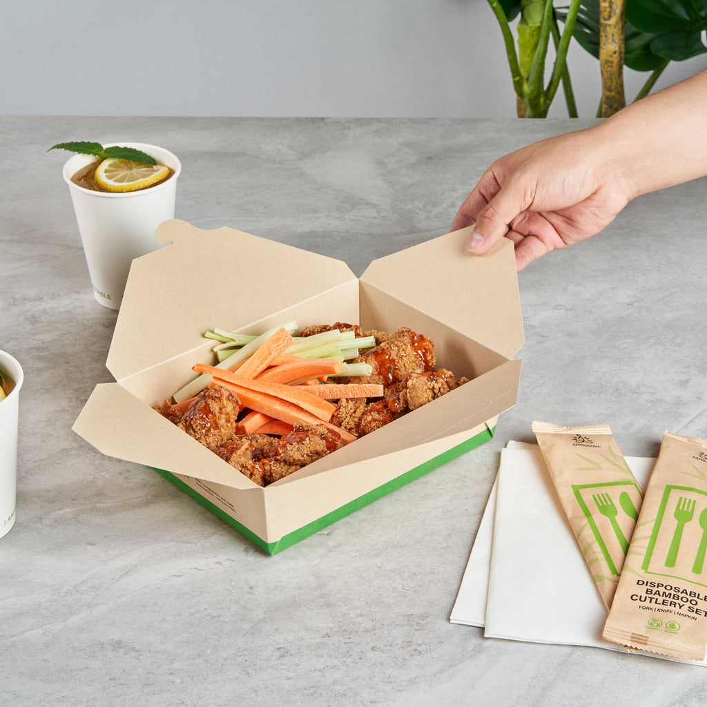 Sustain 71 oz Rectangle Bamboo Paper #3 Bio Box Take Out Container - with PLA Lining, Compostable - 8 1/2" x 6 1/4" x 2 1/2" - 200 count box