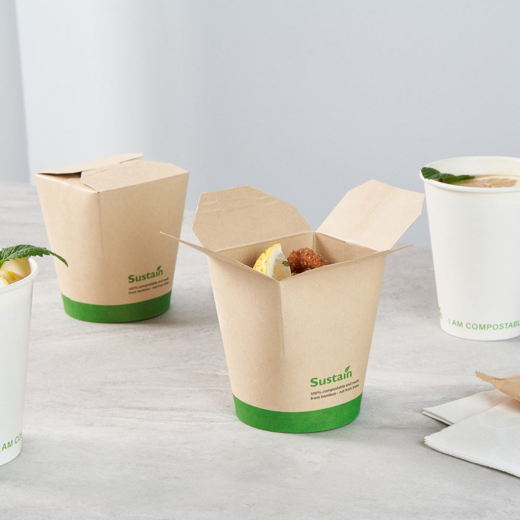 Sustain 16 oz Round Bamboo Paper Noodle Take Out Container - with PLA Lining, Compostable - 3 1/4" x 3" x 4" - 200 count box