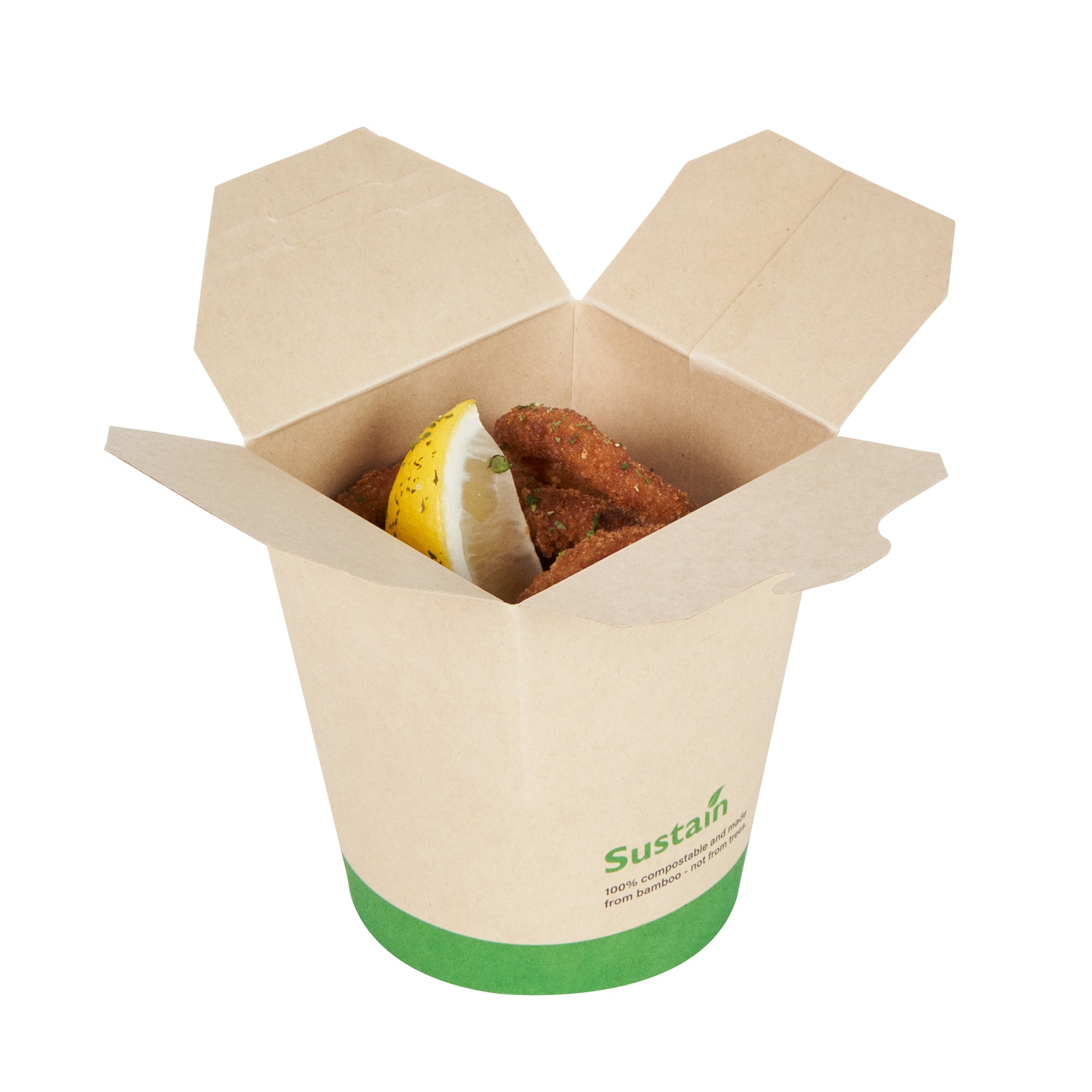 Sustain 16 oz Round Bamboo Paper Noodle Take Out Container - with PLA Lining, Compostable - 3 1/4" x 3" x 4" - 50 count box