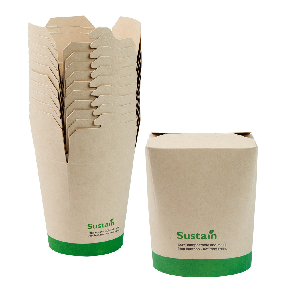 Sustain 16 oz Round Bamboo Paper Noodle Take Out Container - with PLA Lining, Compostable - 3 1/4" x 3" x 4" - 50 count box