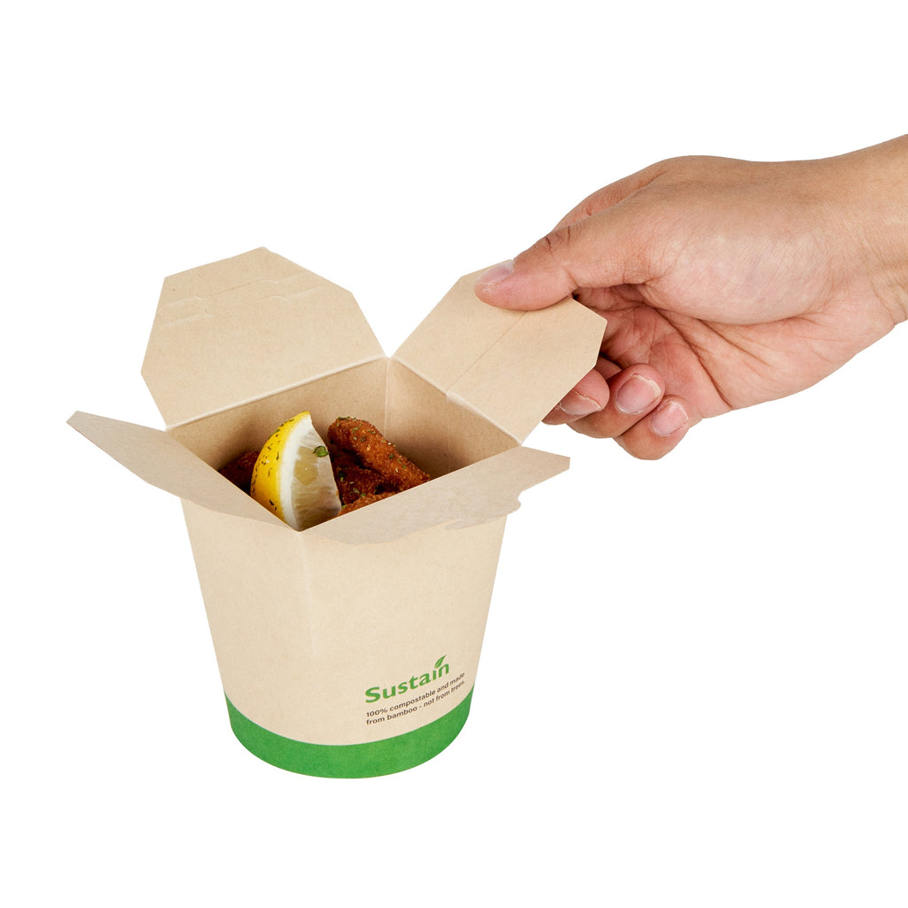 Sustain 16 oz Round Bamboo Paper Noodle Take Out Container - with PLA Lining, Compostable - 3 1/4" x 3" x 4" - 50 count box