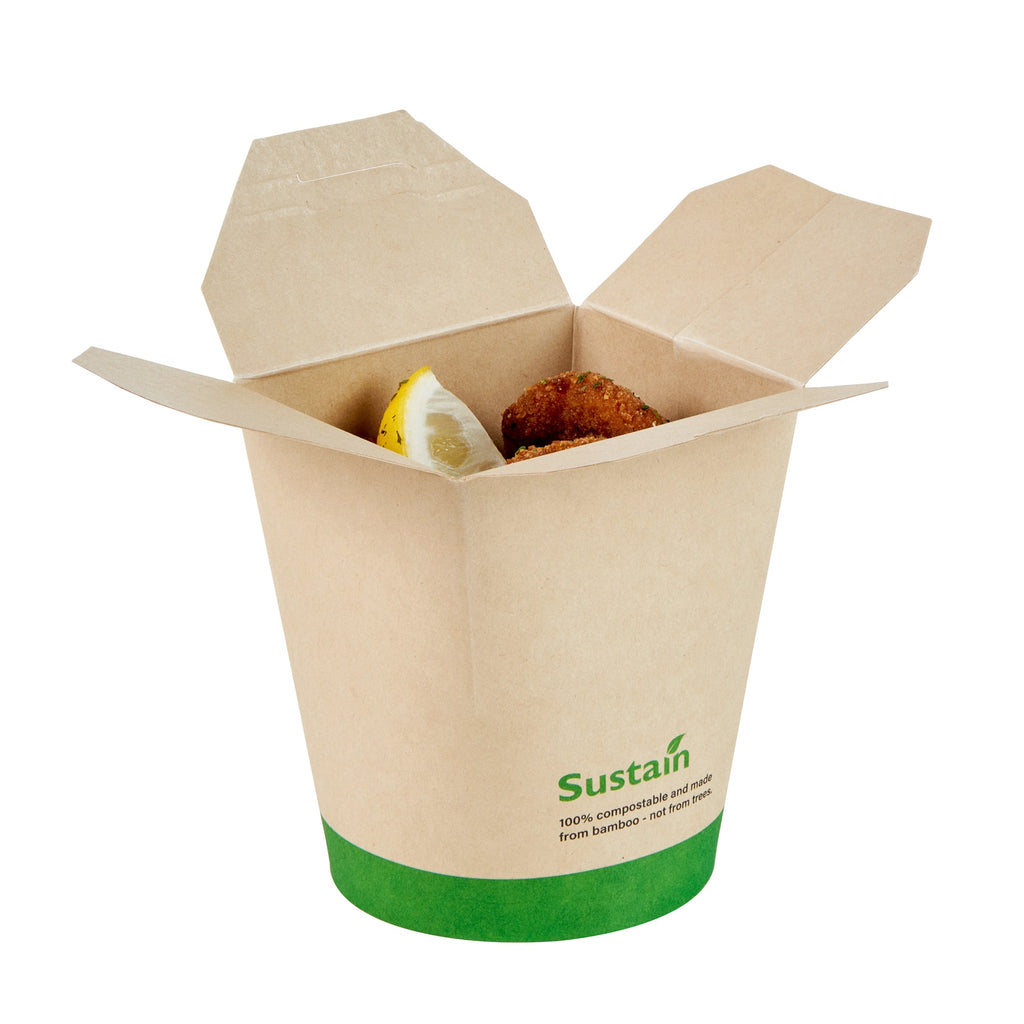 Sustain 16 oz Round Bamboo Paper Noodle Take Out Container - with PLA Lining, Compostable - 3 1/4" x 3" x 4" - 50 count box