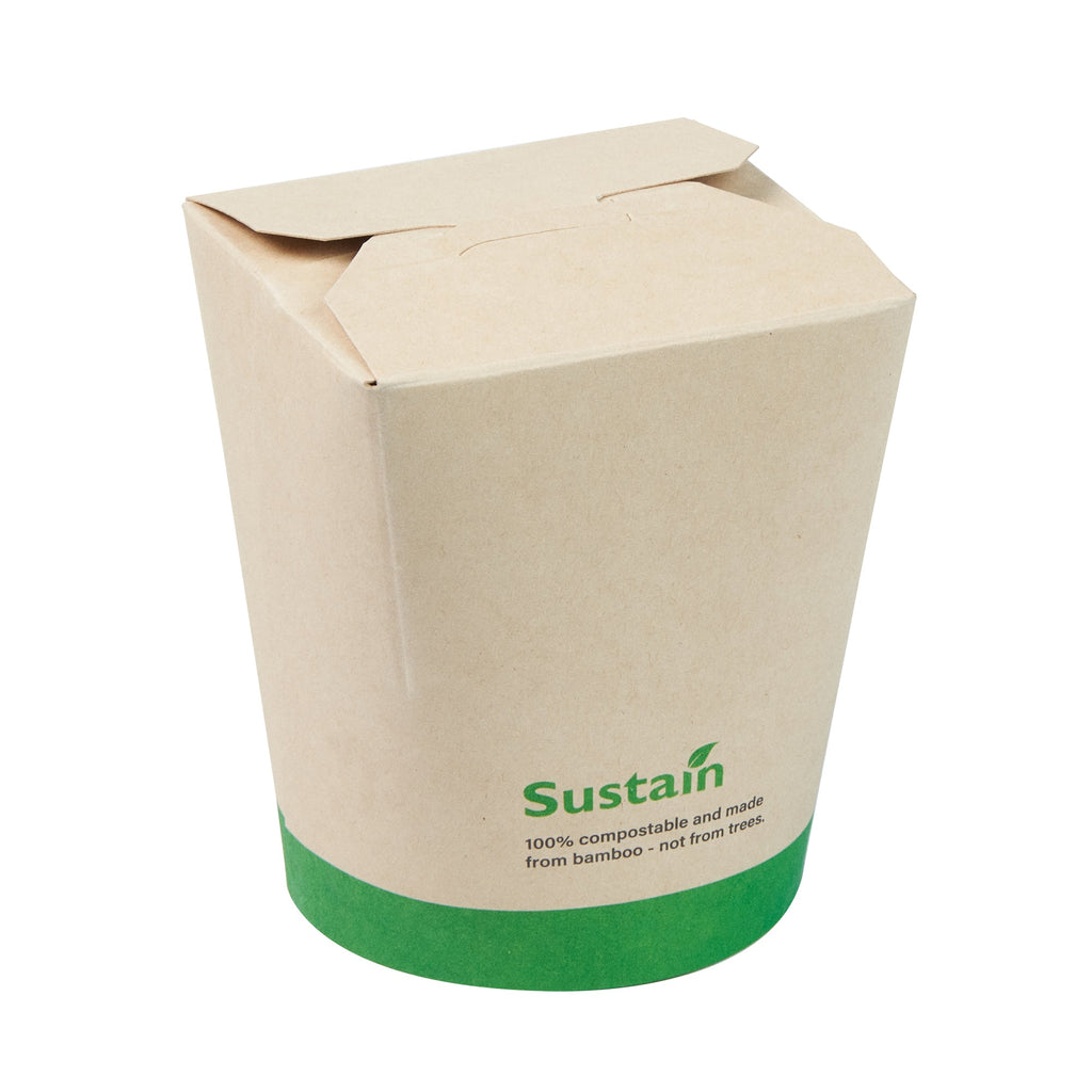 Sustain 16 oz Round Bamboo Paper Noodle Take Out Container - with PLA Lining, Compostable - 3 1/4" x 3" x 4" - 50 count box