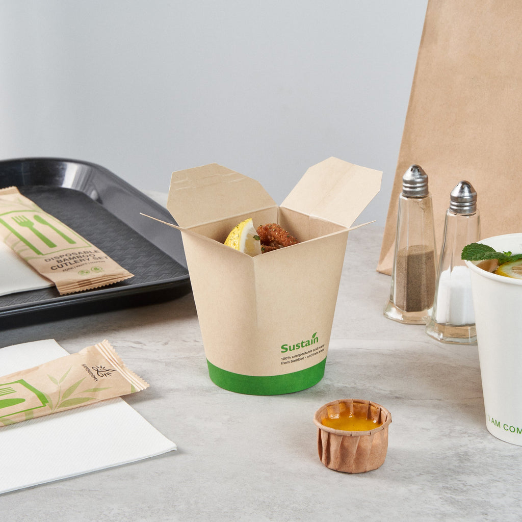 Sustain 16 oz Round Bamboo Paper Noodle Take Out Container - with PLA Lining, Compostable - 3 1/4" x 3" x 4" - 50 count box