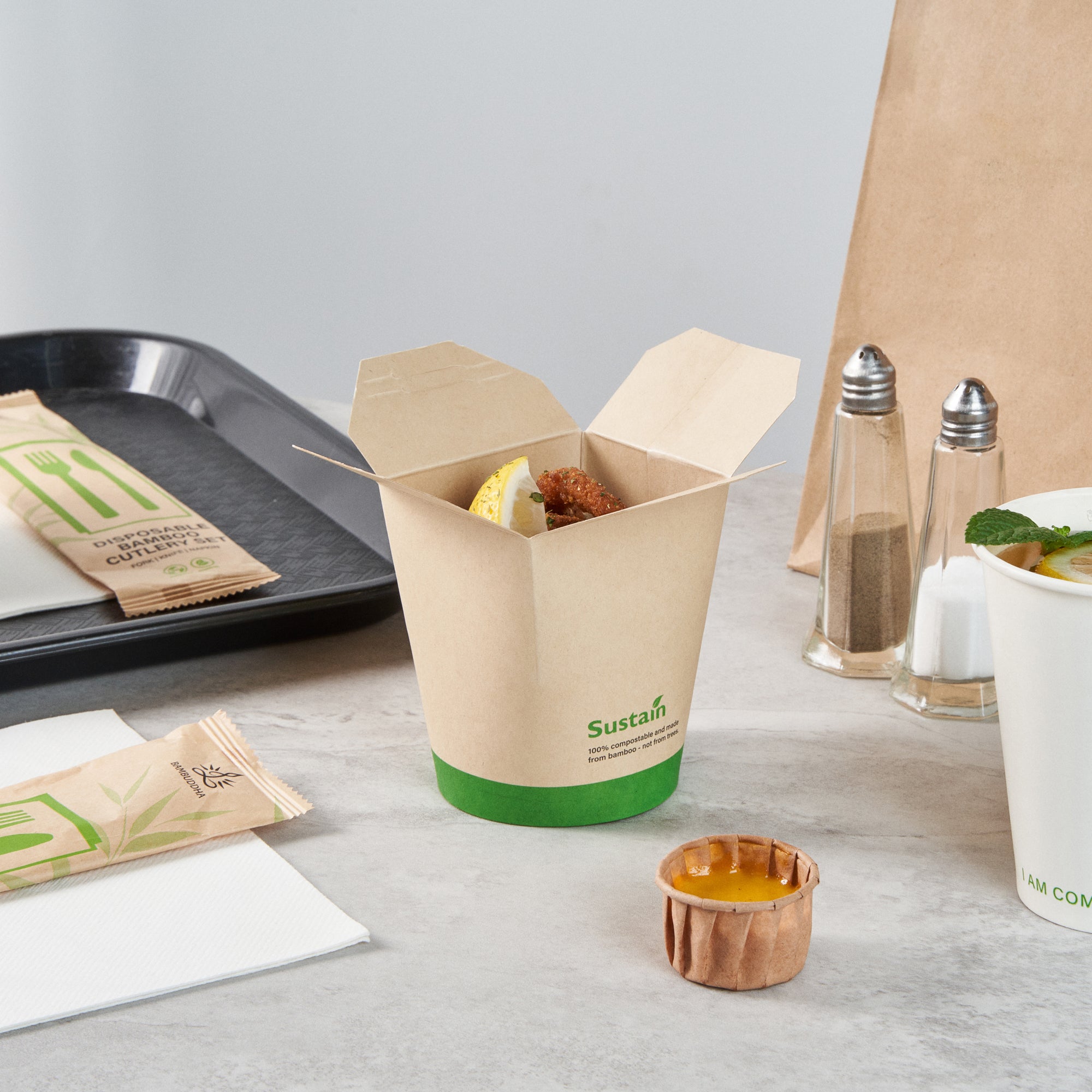 Sustain 16 oz Round Bamboo Paper Noodle Take Out Container - with PLA Lining, Compostable - 3 1/4" x 3" x 4" - 50 count box