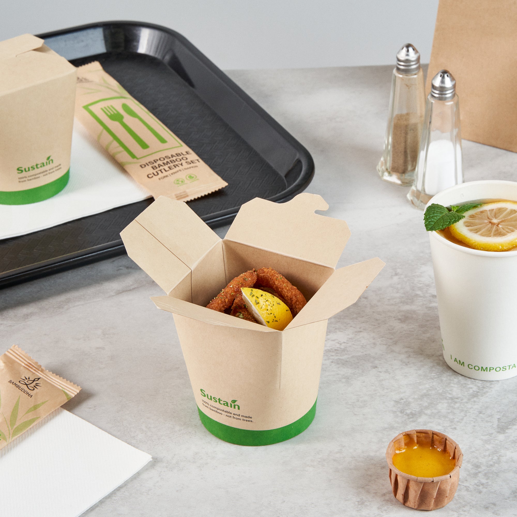 Sustain 16 oz Round Bamboo Paper Noodle Take Out Container - with PLA Lining, Compostable - 3 1/4" x 3" x 4" - 50 count box