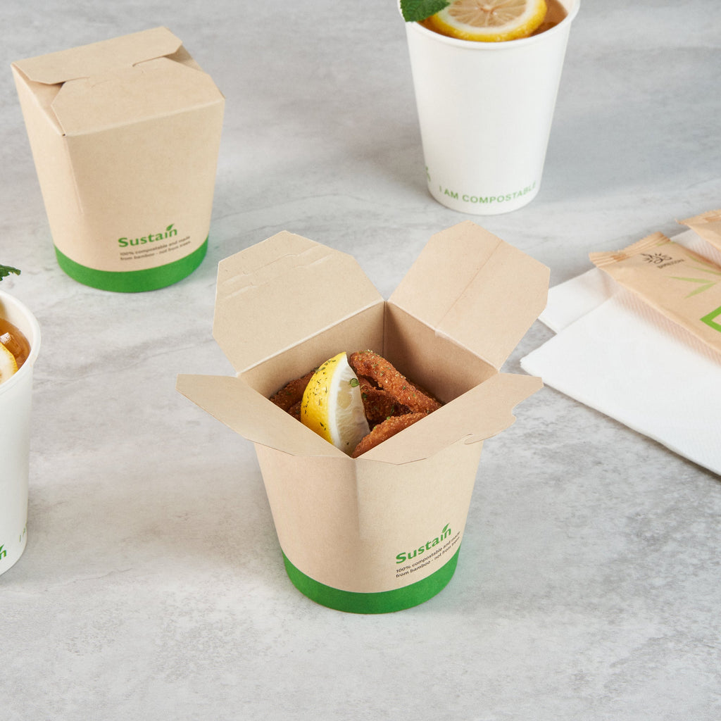 Sustain 16 oz Round Bamboo Paper Noodle Take Out Container - with PLA Lining, Compostable - 3 1/4" x 3" x 4" - 50 count box