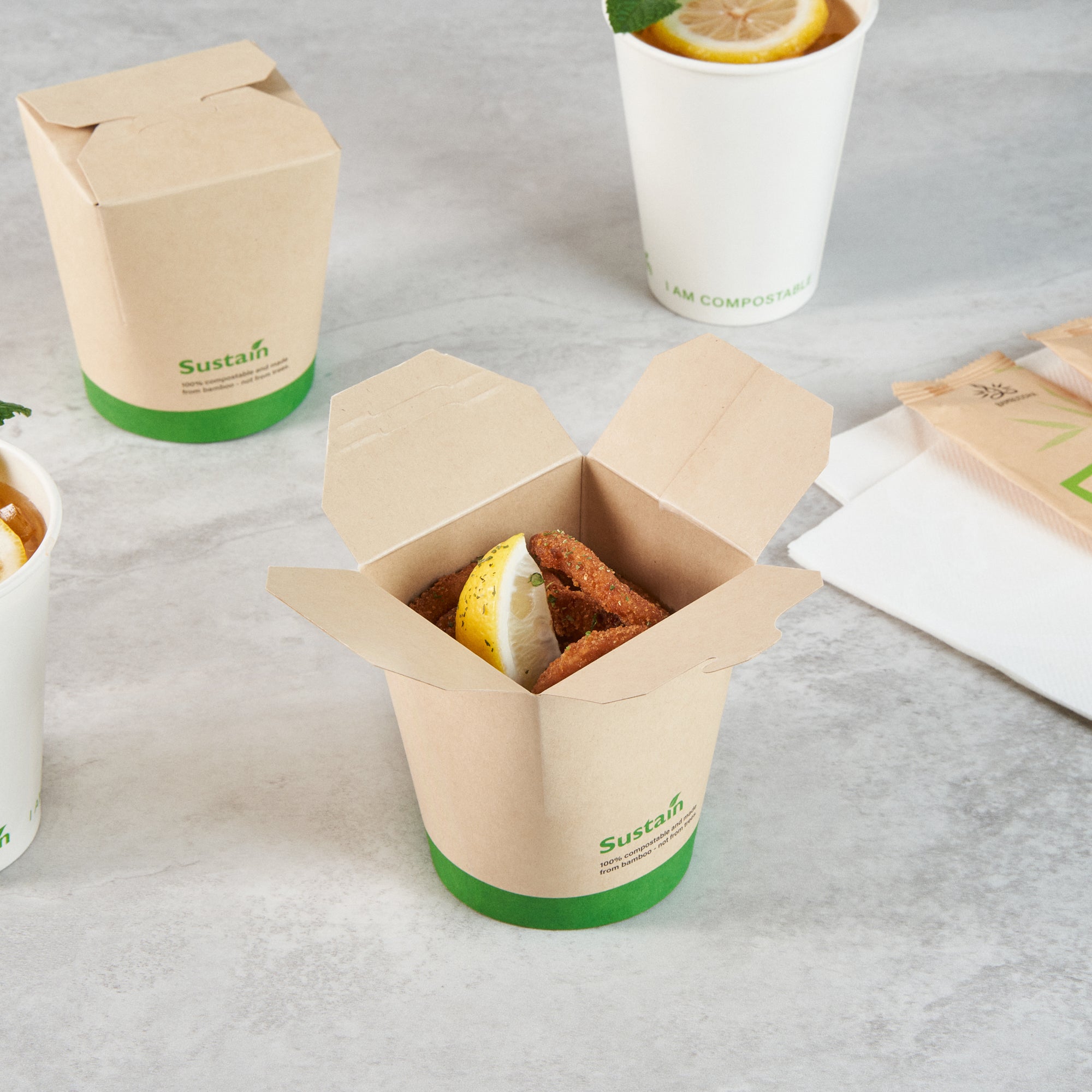 Sustain 16 oz Round Bamboo Paper Noodle Take Out Container - with PLA Lining, Compostable - 3 1/4" x 3" x 4" - 50 count box