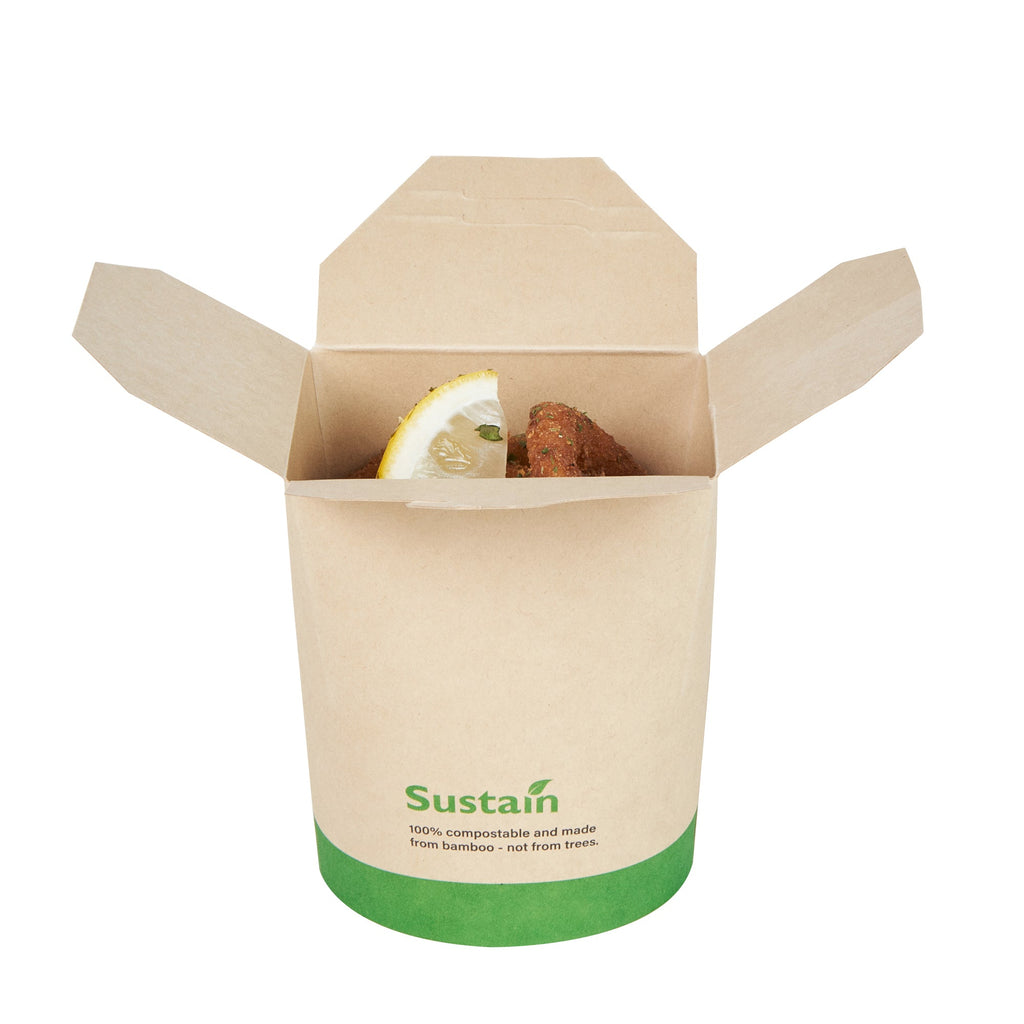 Sustain 16 oz Round Bamboo Paper Noodle Take Out Container - with PLA Lining, Compostable - 3 1/4" x 3" x 4" - 200 count box