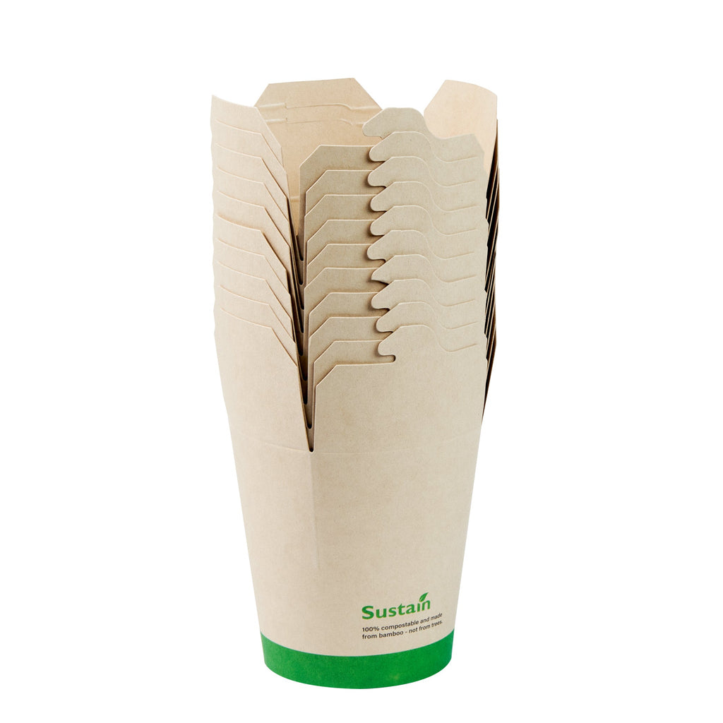 Sustain 16 oz Round Bamboo Paper Noodle Take Out Container - with PLA Lining, Compostable - 3 1/4" x 3" x 4" - 200 count box