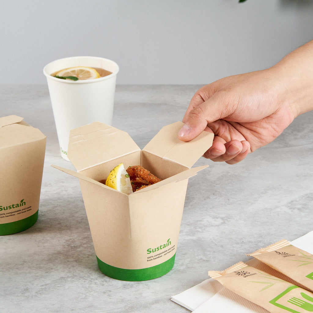 Sustain 16 oz Round Bamboo Paper Noodle Take Out Container - with PLA Lining, Compostable - 3 1/4" x 3" x 4" - 200 count box