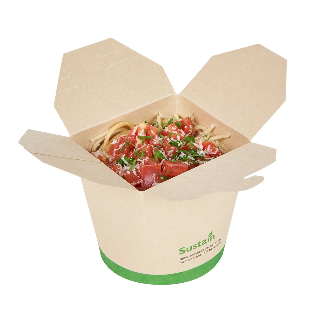 Sustain 26 oz Round Bamboo Paper Noodle Take Out Container - with PLA Lining, Compostable - 4" x 3 1/2" x 3 3/4" - 50 count box