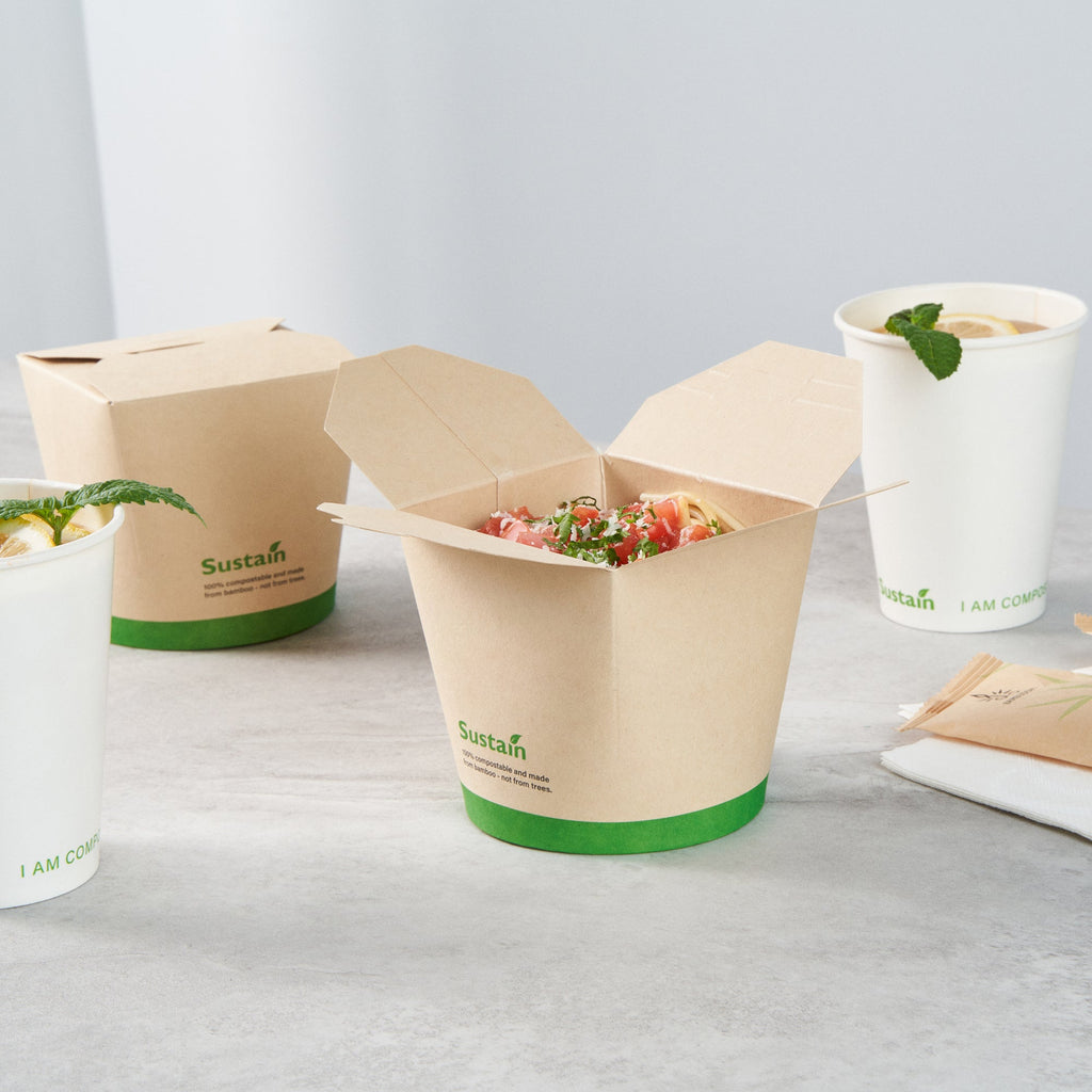 Sustain 26 oz Round Bamboo Paper Noodle Take Out Container - with PLA Lining, Compostable - 4" x 3 1/2" x 3 3/4" - 50 count box