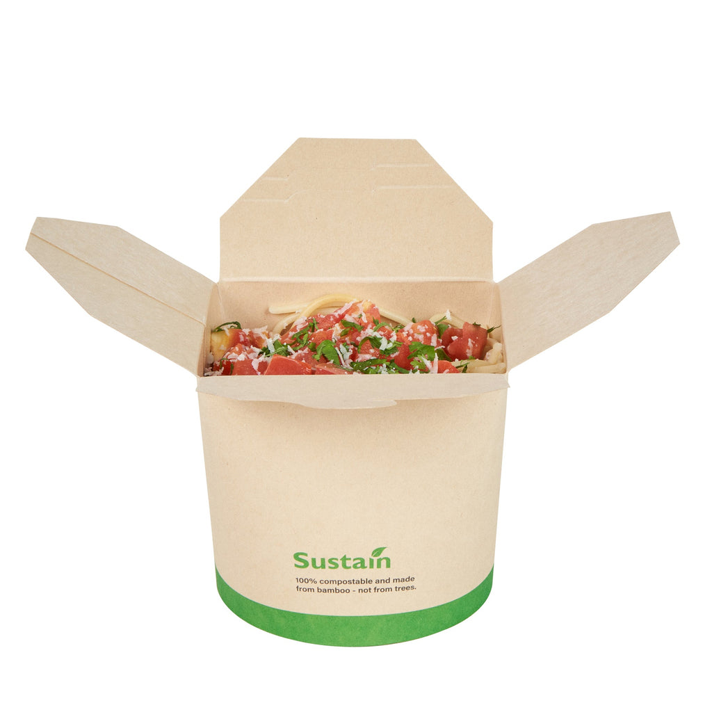 Sustain 26 oz Round Bamboo Paper Noodle Take Out Container - with PLA Lining, Compostable - 4" x 3 1/2" x 3 3/4" - 50 count box