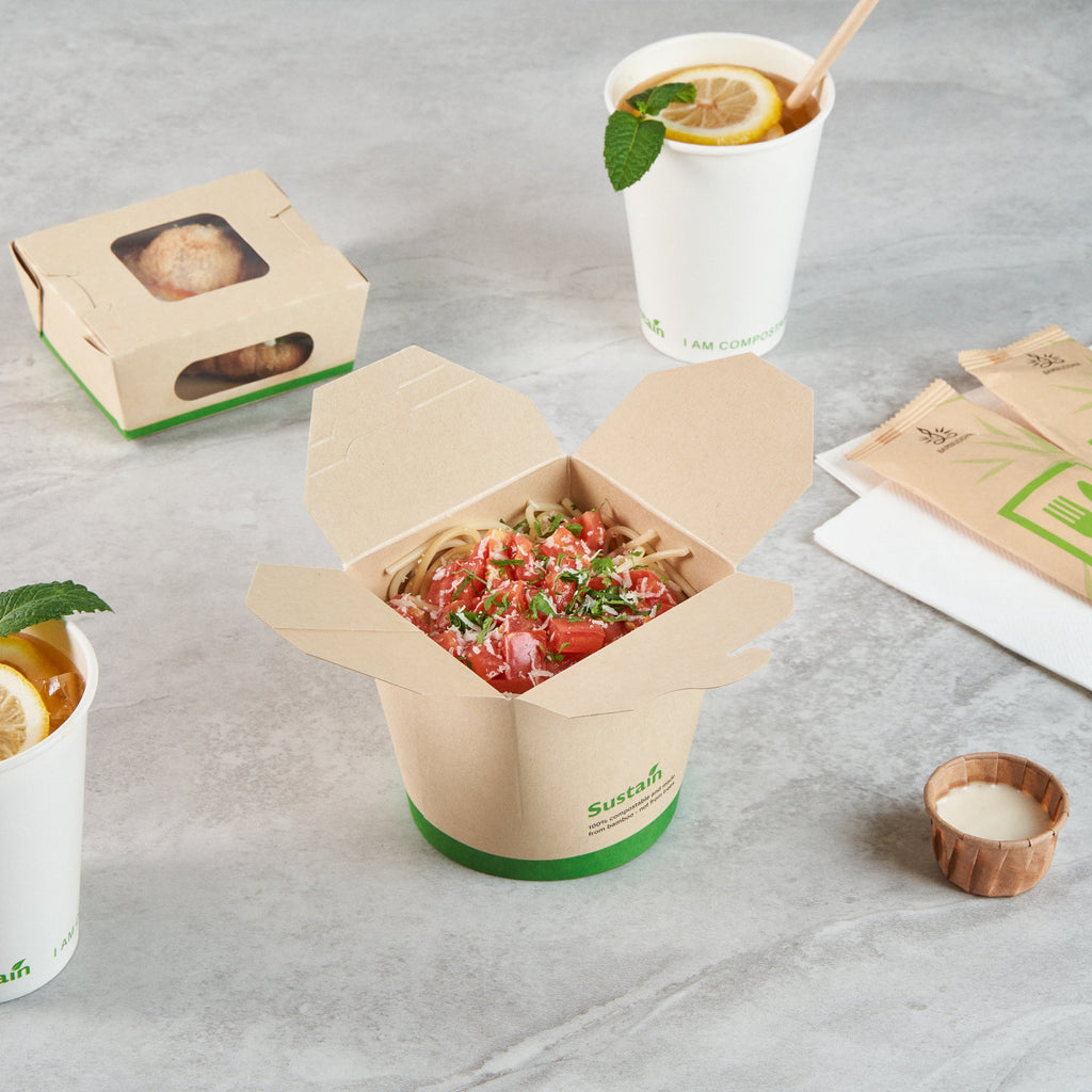 Sustain 26 oz Round Bamboo Paper Noodle Take Out Container - with PLA Lining, Compostable - 4" x 3 1/2" x 3 3/4" - 50 count box