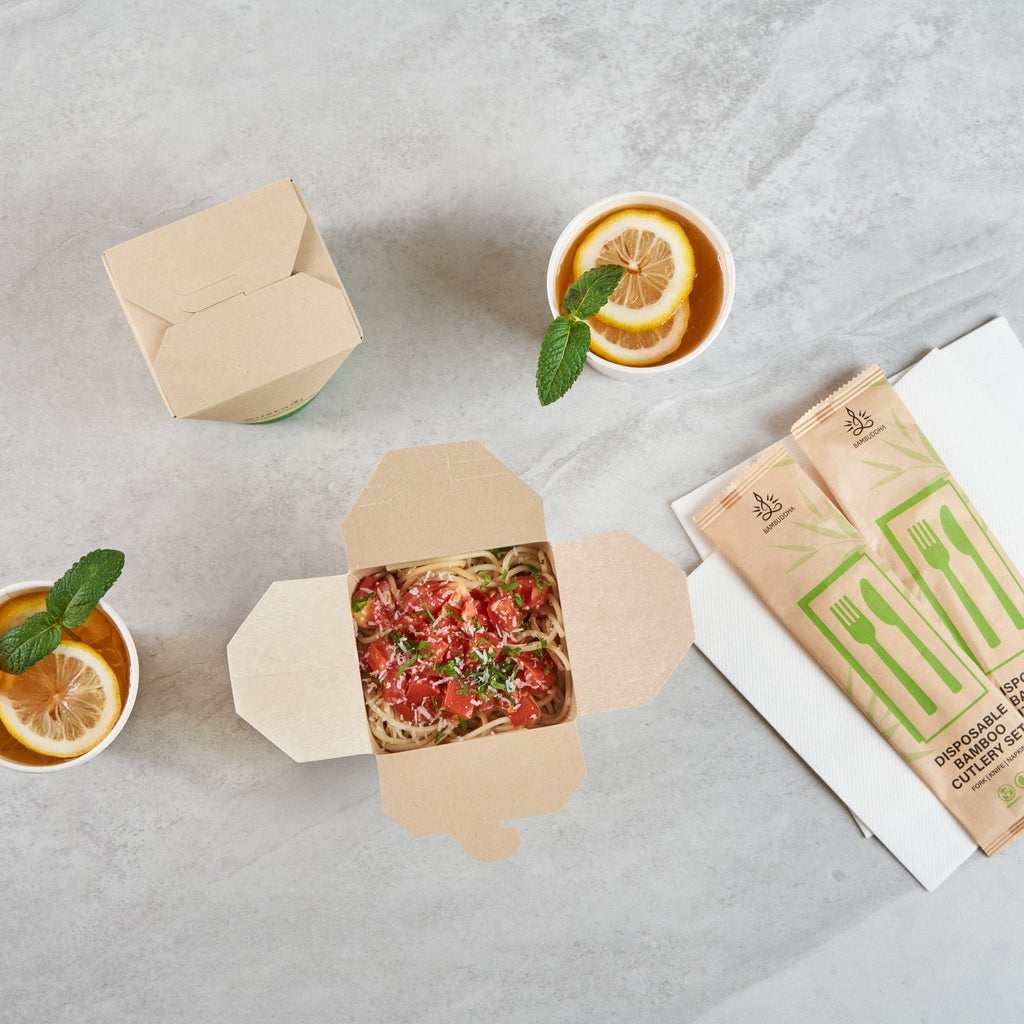 Sustain 26 oz Round Bamboo Paper Noodle Take Out Container - with PLA Lining, Compostable - 4" x 3 1/2" x 3 3/4" - 50 count box