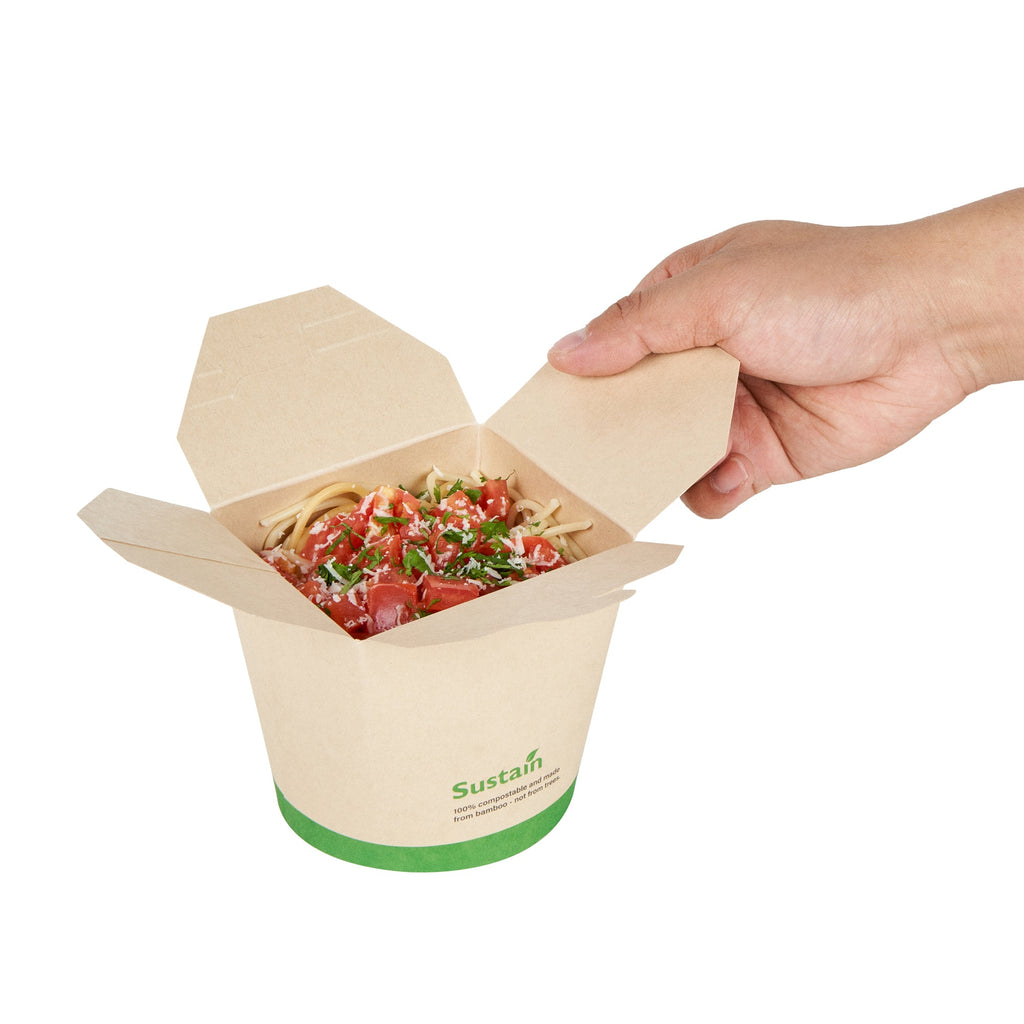 Sustain 26 oz Round Bamboo Paper Noodle Take Out Container - with PLA Lining, Compostable - 4" x 3 1/2" x 3 3/4" - 200 count box