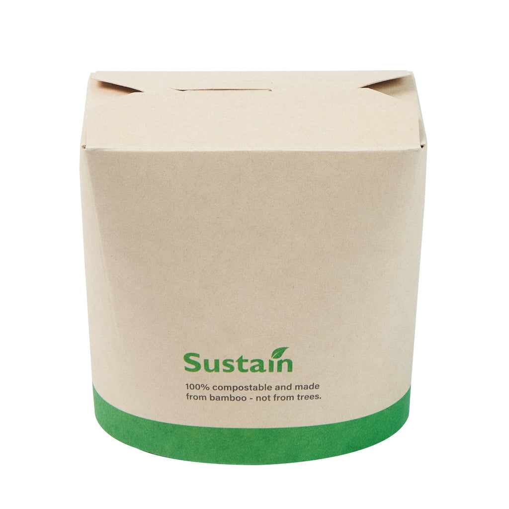 Sustain 26 oz Round Bamboo Paper Noodle Take Out Container - with PLA Lining, Compostable - 4" x 3 1/2" x 3 3/4" - 200 count box