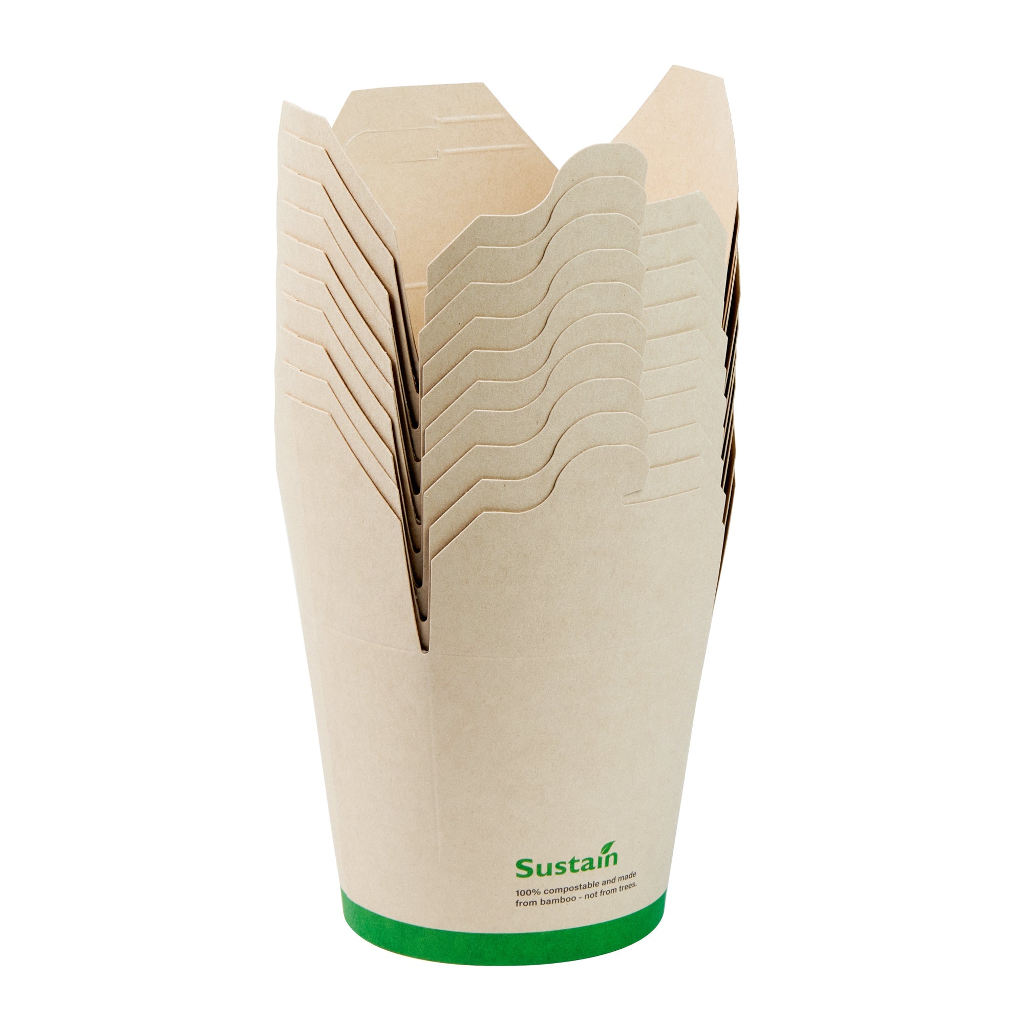 Sustain 26 oz Round Bamboo Paper Noodle Take Out Container - with PLA Lining, Compostable - 4" x 3 1/2" x 3 3/4" - 200 count box