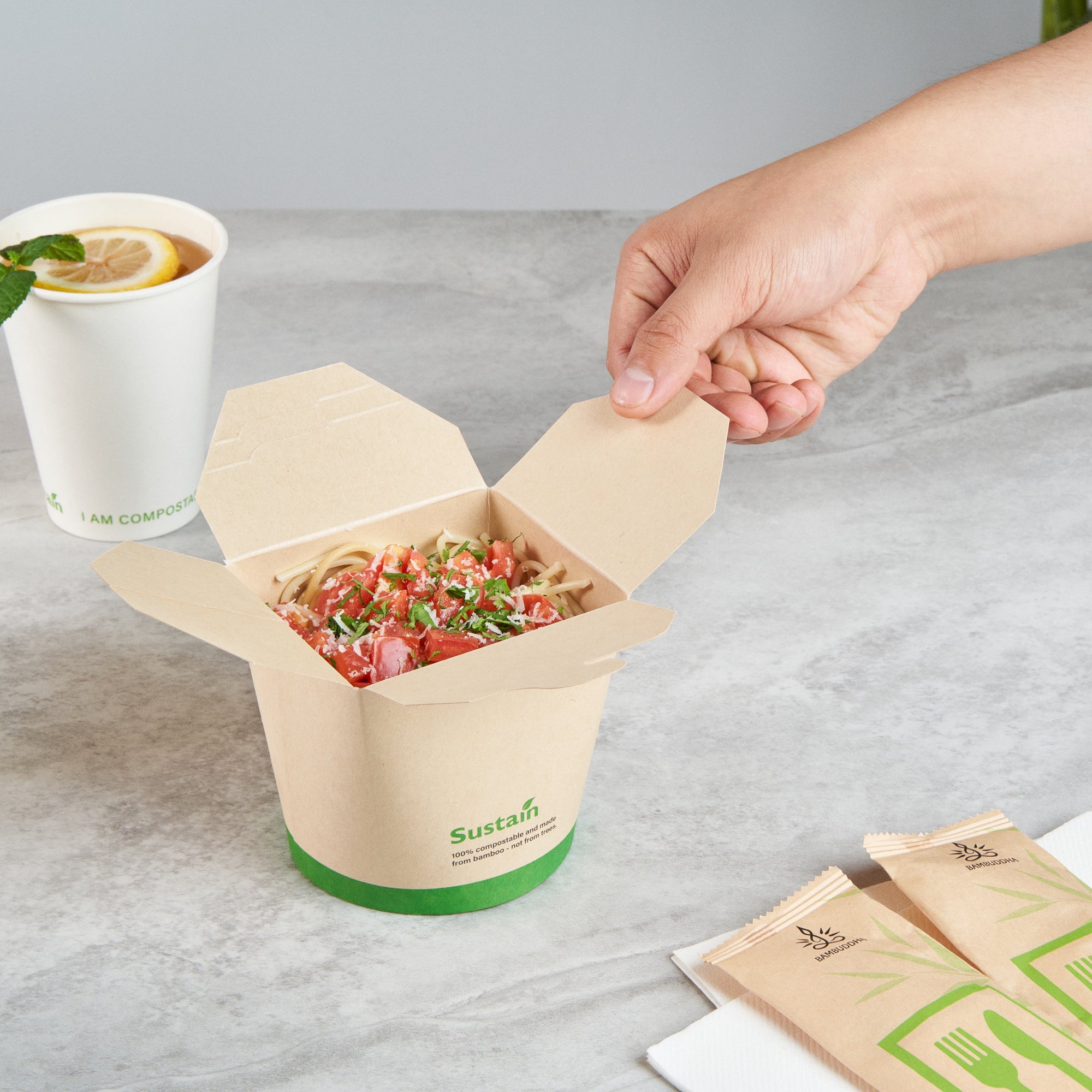 Sustain 26 oz Round Bamboo Paper Noodle Take Out Container - with PLA Lining, Compostable - 4" x 3 1/2" x 3 3/4" - 200 count box