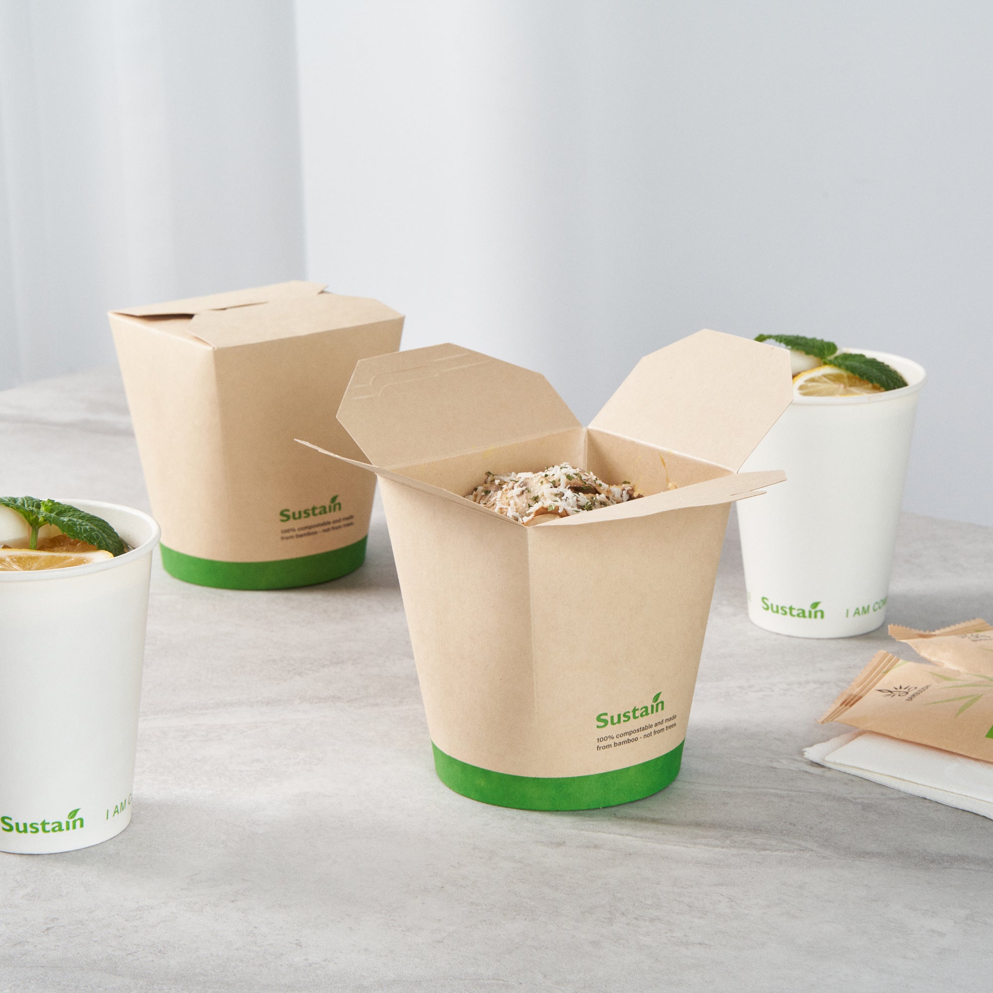 Sustain 32 oz Round Bamboo Paper Noodle Take Out Container - with PLA Lining, Compostable - 4" x 3 1/2" x 4 1/2" - 200 count box