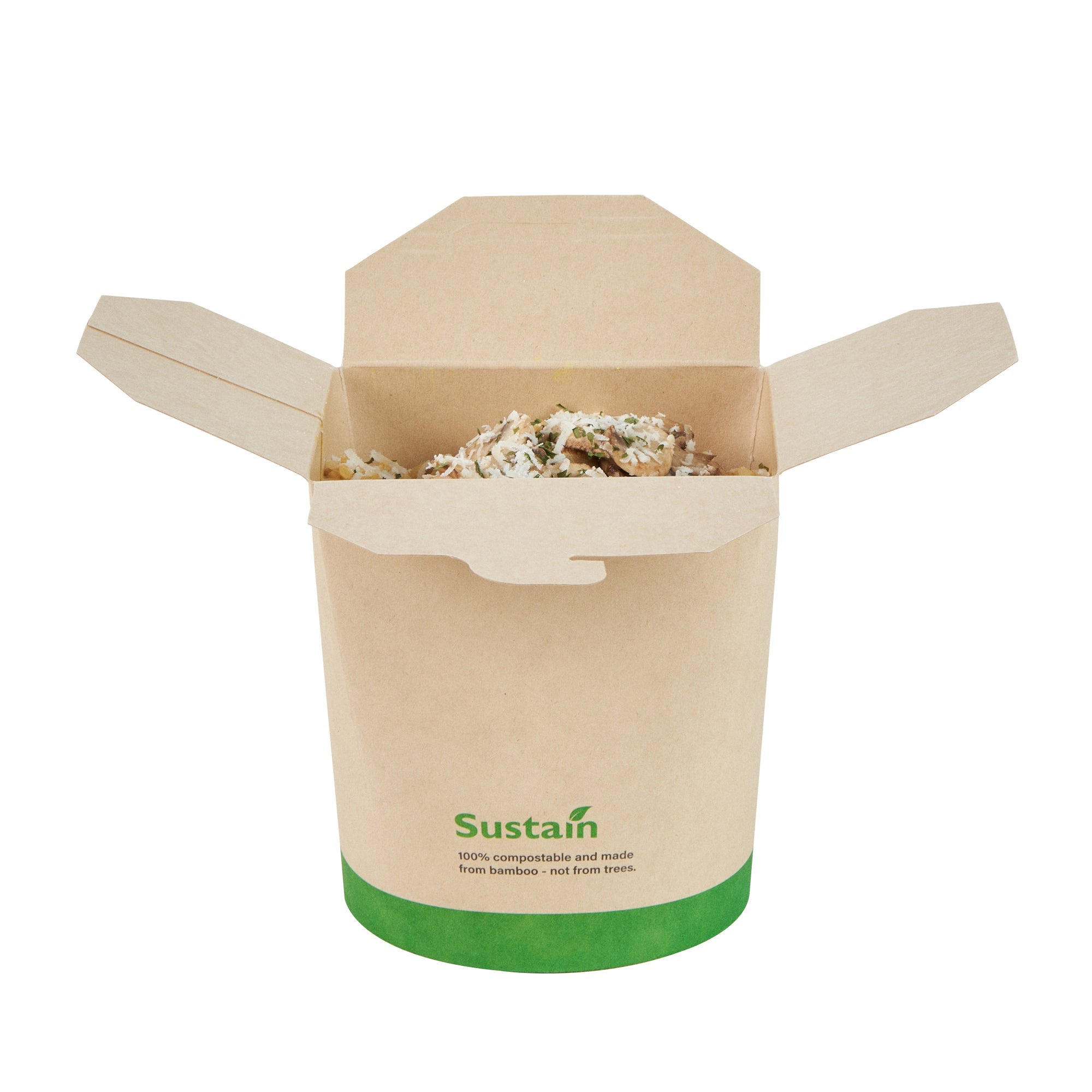 Sustain 32 oz Round Bamboo Paper Noodle Take Out Container - with PLA Lining, Compostable - 4" x 3 1/2" x 4 1/2" - 50 count box